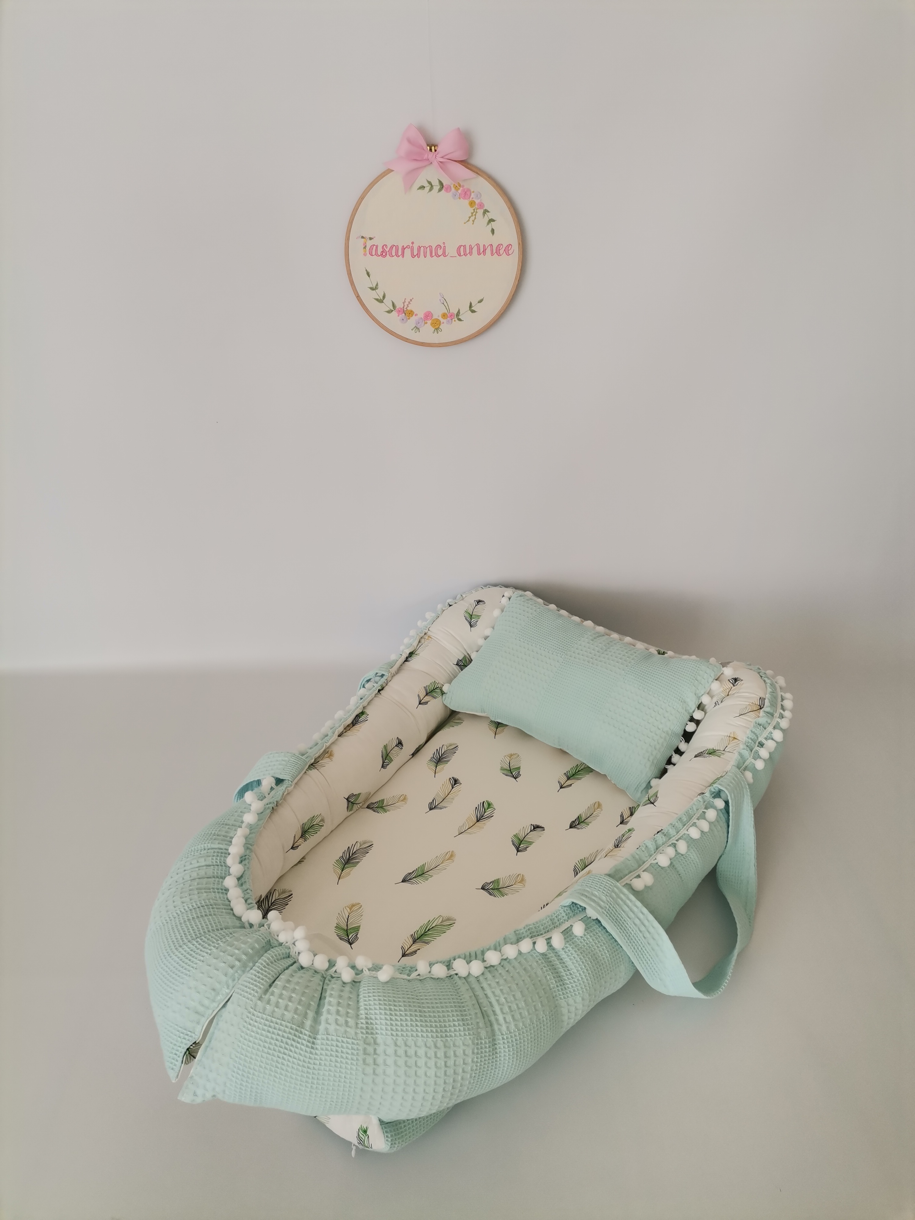 Babynest açık yeşil waffle pike - yeşil tüylü poplin