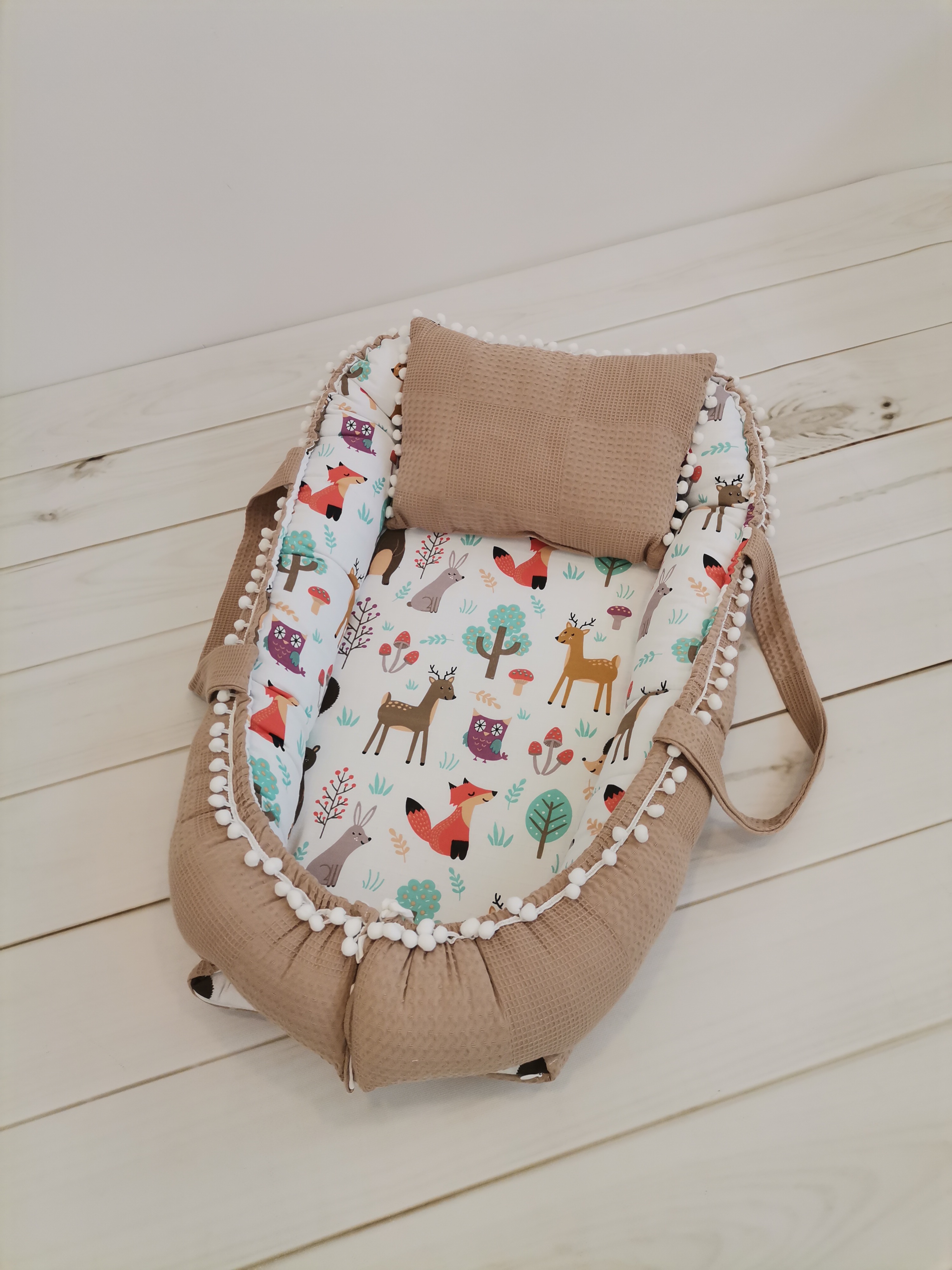 Babynest bej waffle pike - hayvan figürlü müslin