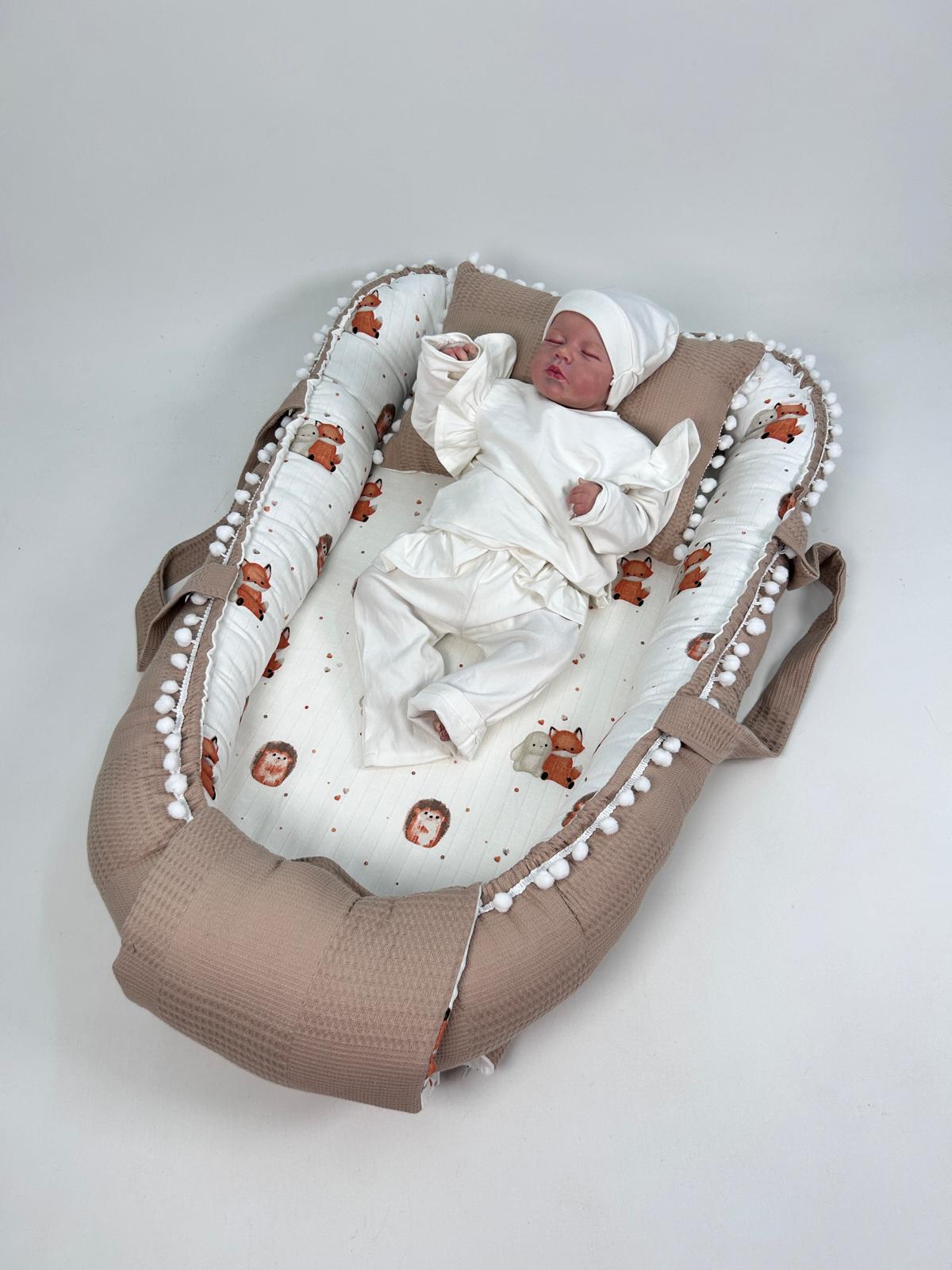 Babynest bej waffle pike - tavşan tilki kirpi desenli müslin