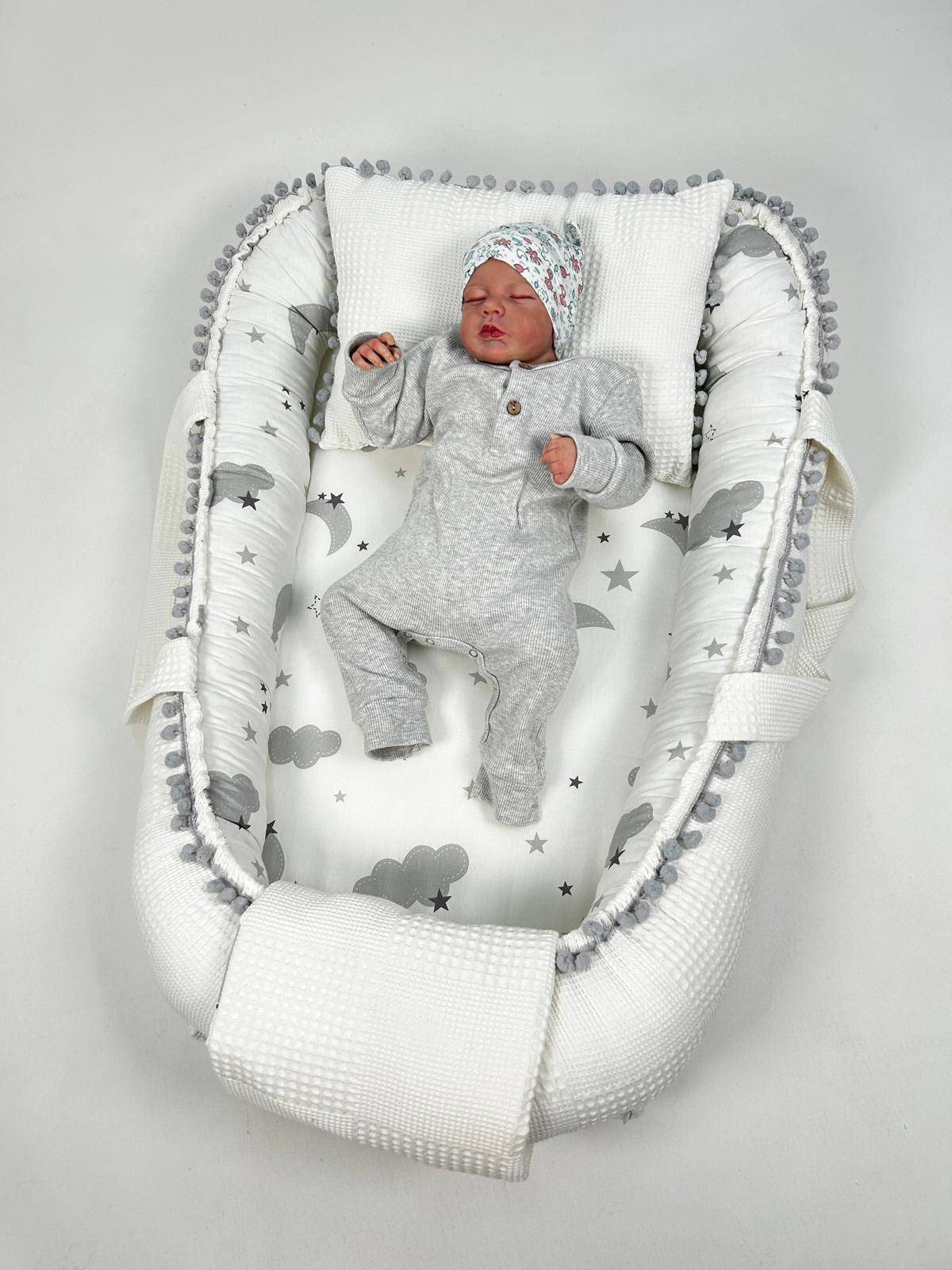 Babynest beyaz waffle pike - gri aylı bulutlu poplin