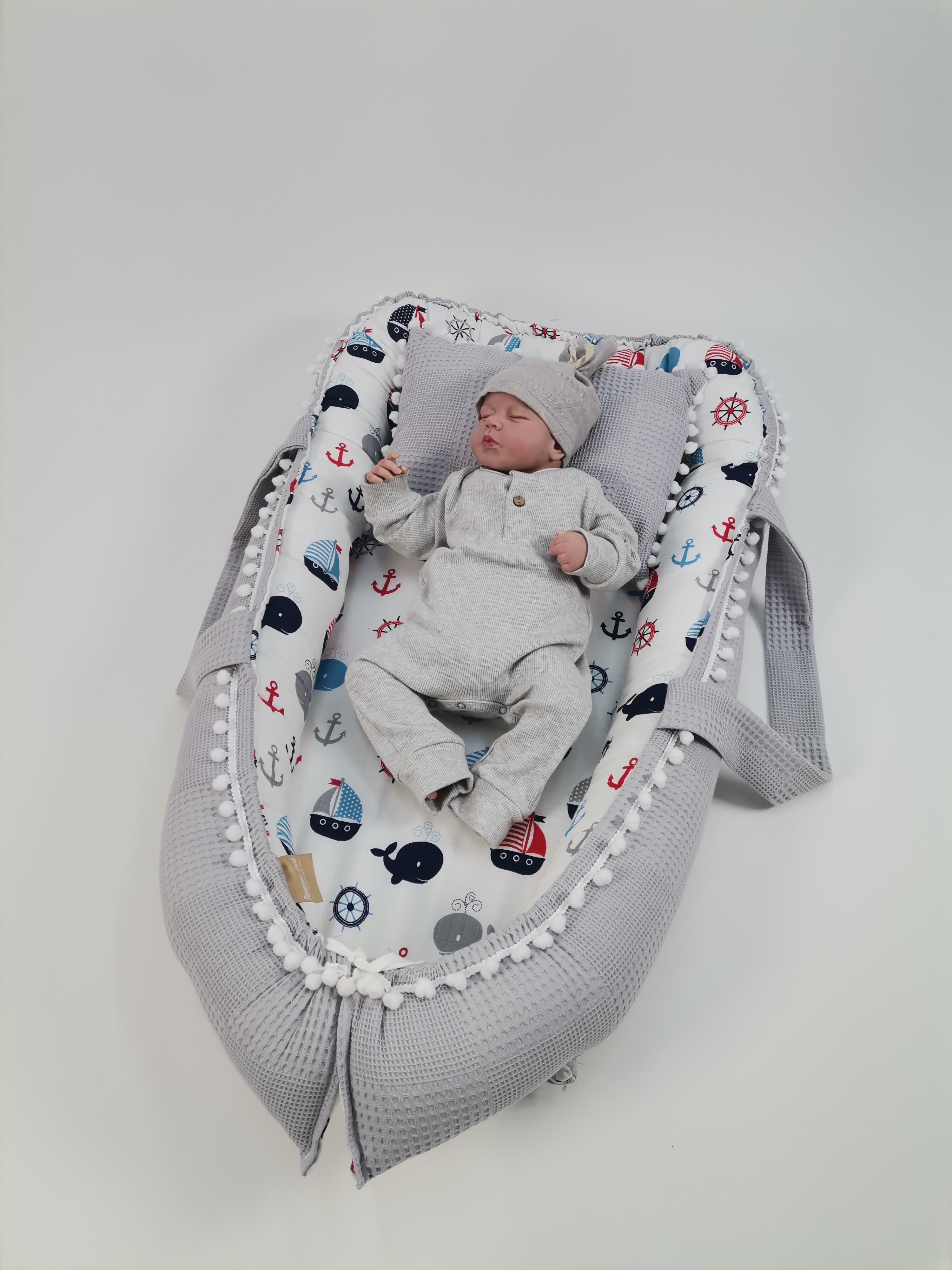 Babynest gri waffle pike - wella denizci balinalı müslin