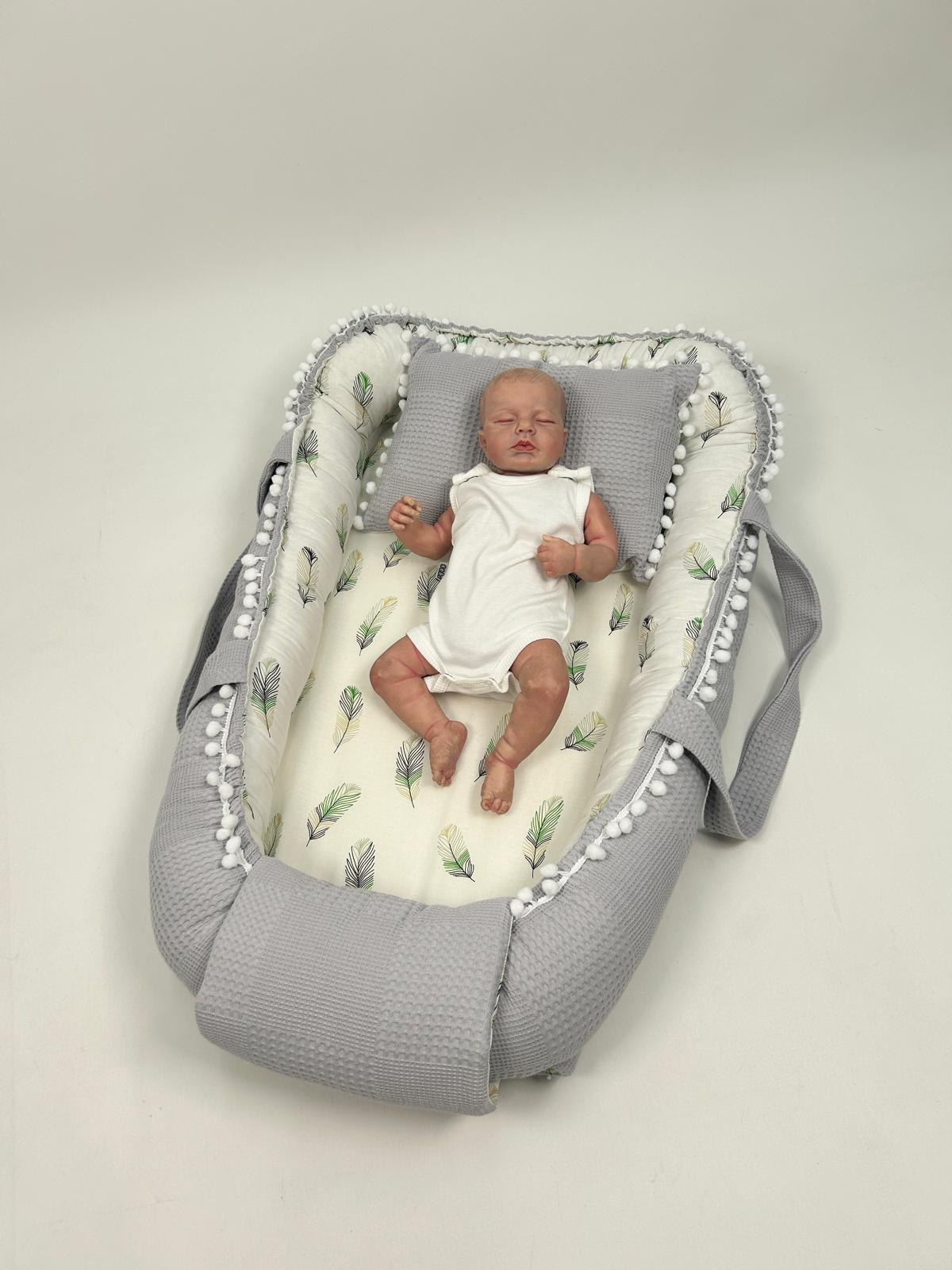 Babynest gri waffle pike - yeşil tüylü poplin
