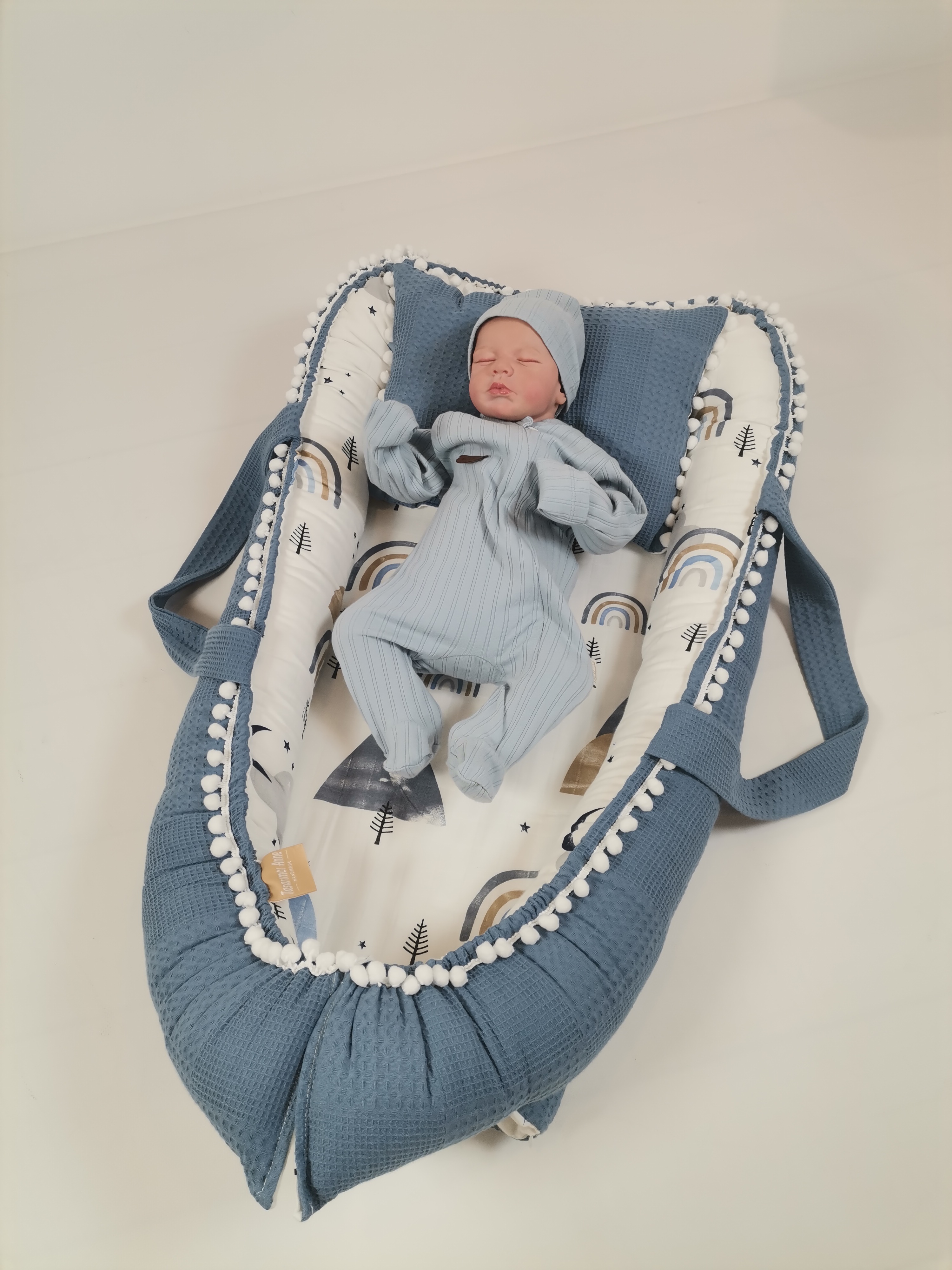 Babynest indigo mavi waffle pike - yeni bej gri mavi gökkuşaklı poplin