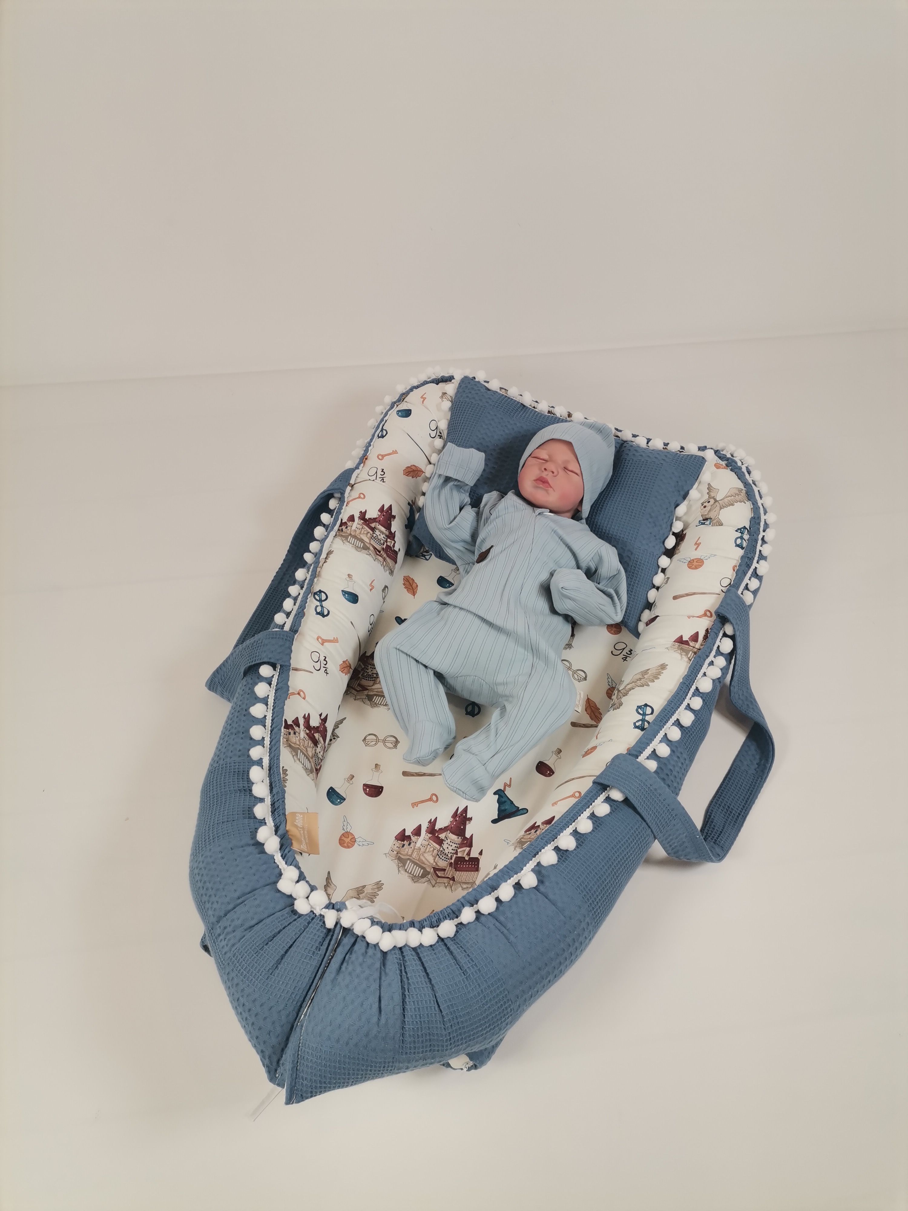 Babynest indigo mavi waffle pike - harry desenli poplin