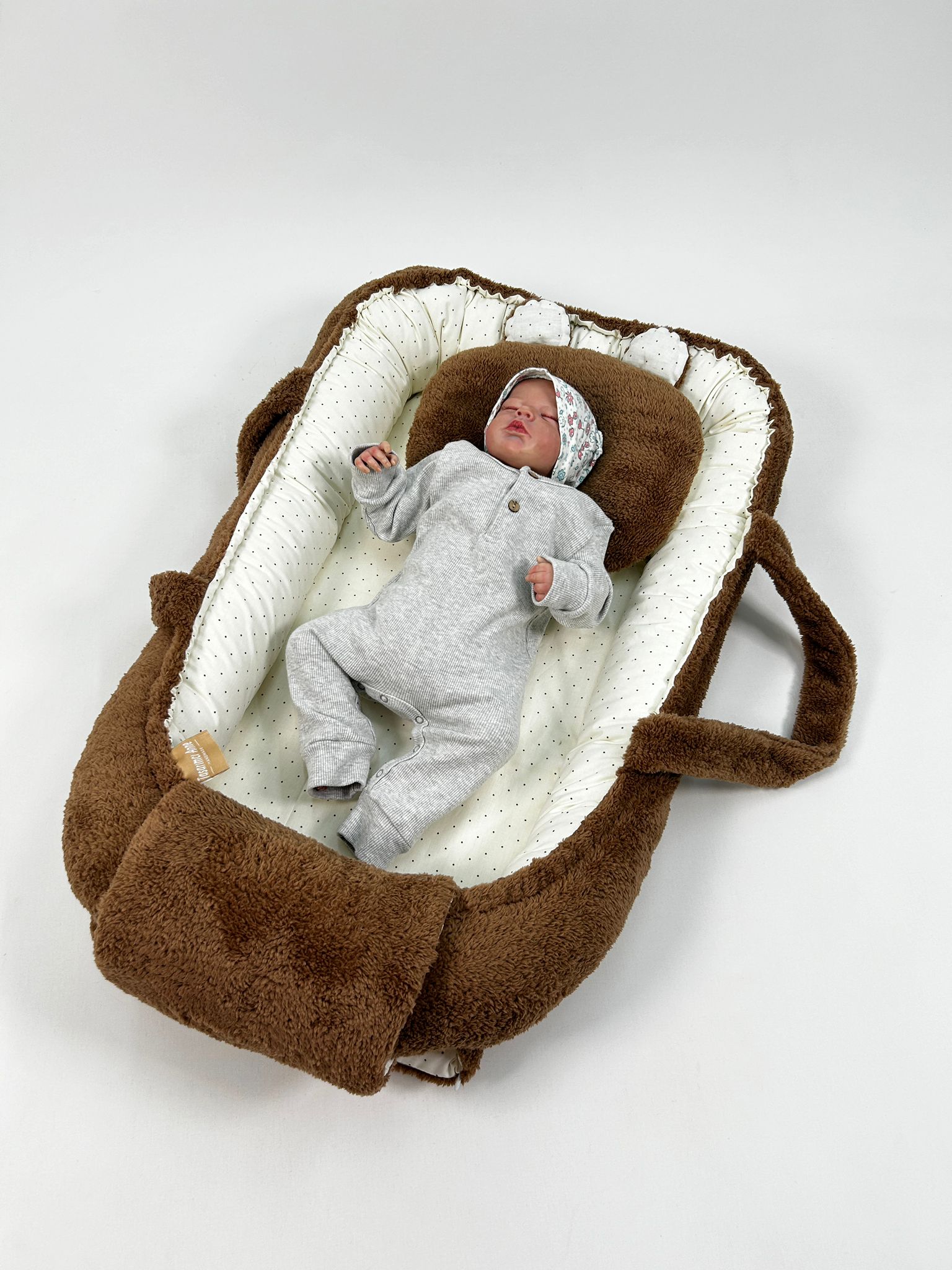 Babynest kahverengi welsoft - krem zemin üstü kahve rengi puantiyeli poplin