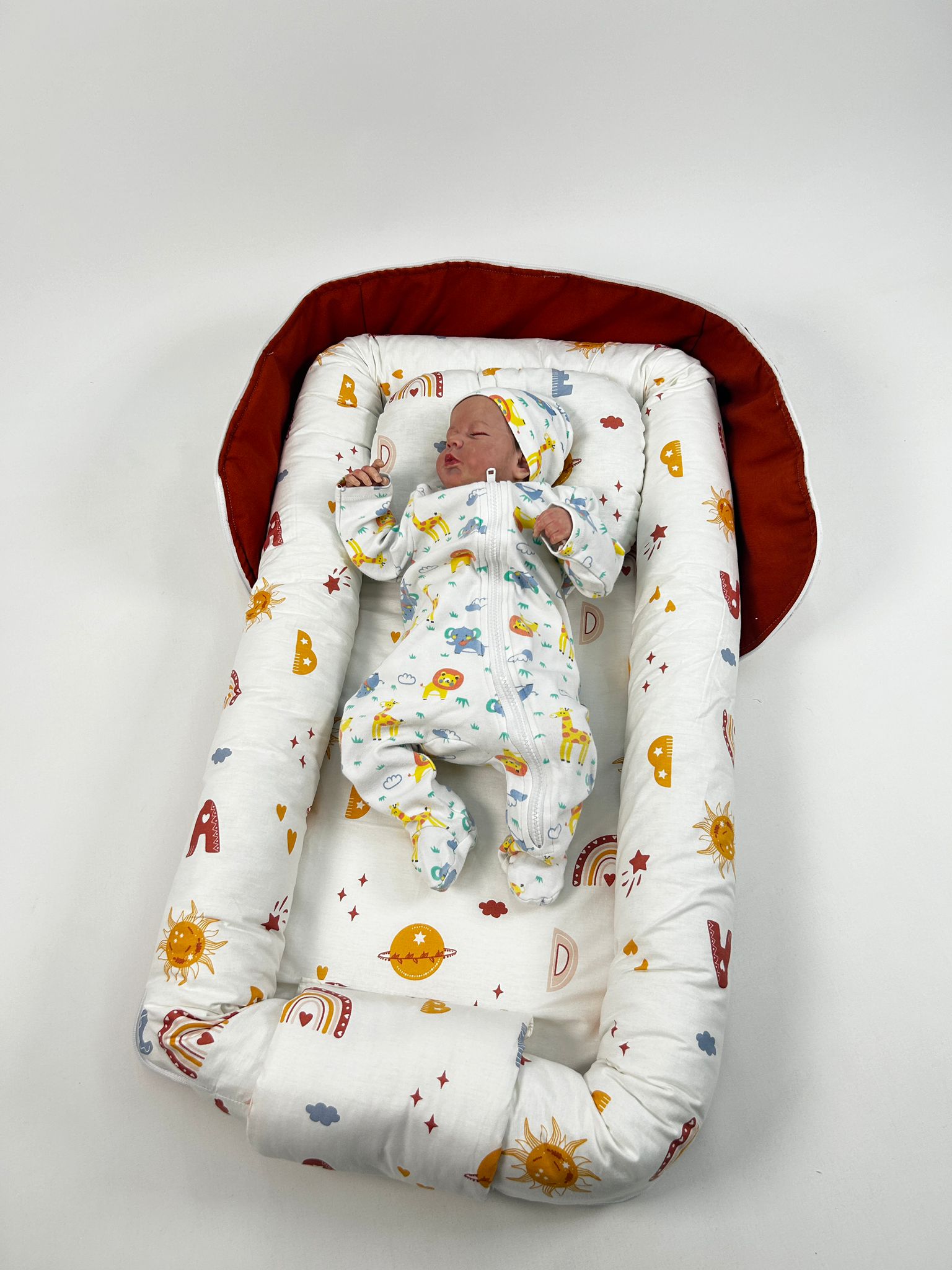 Çantalı babynest kiremit rengi panama keten  - neşeli gün poplin