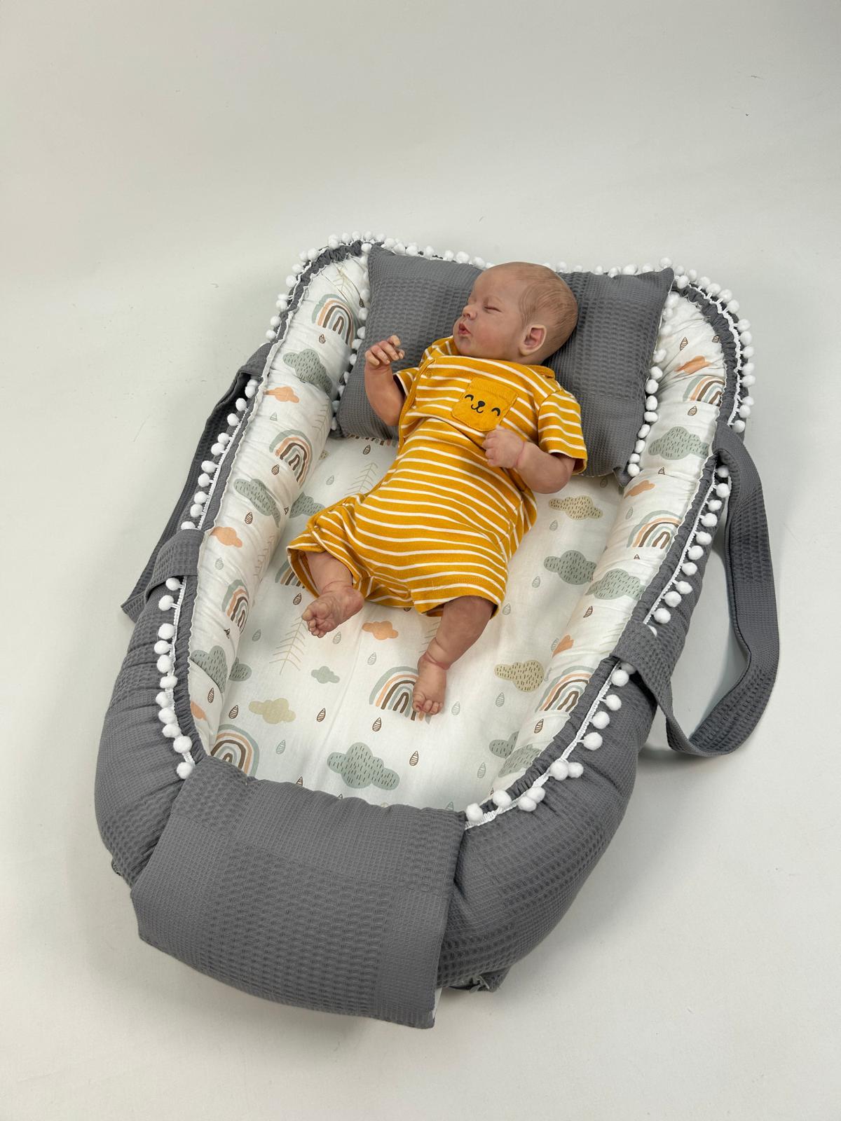 Babynest koyu gri waffle pike - gökkuşaklı poplin