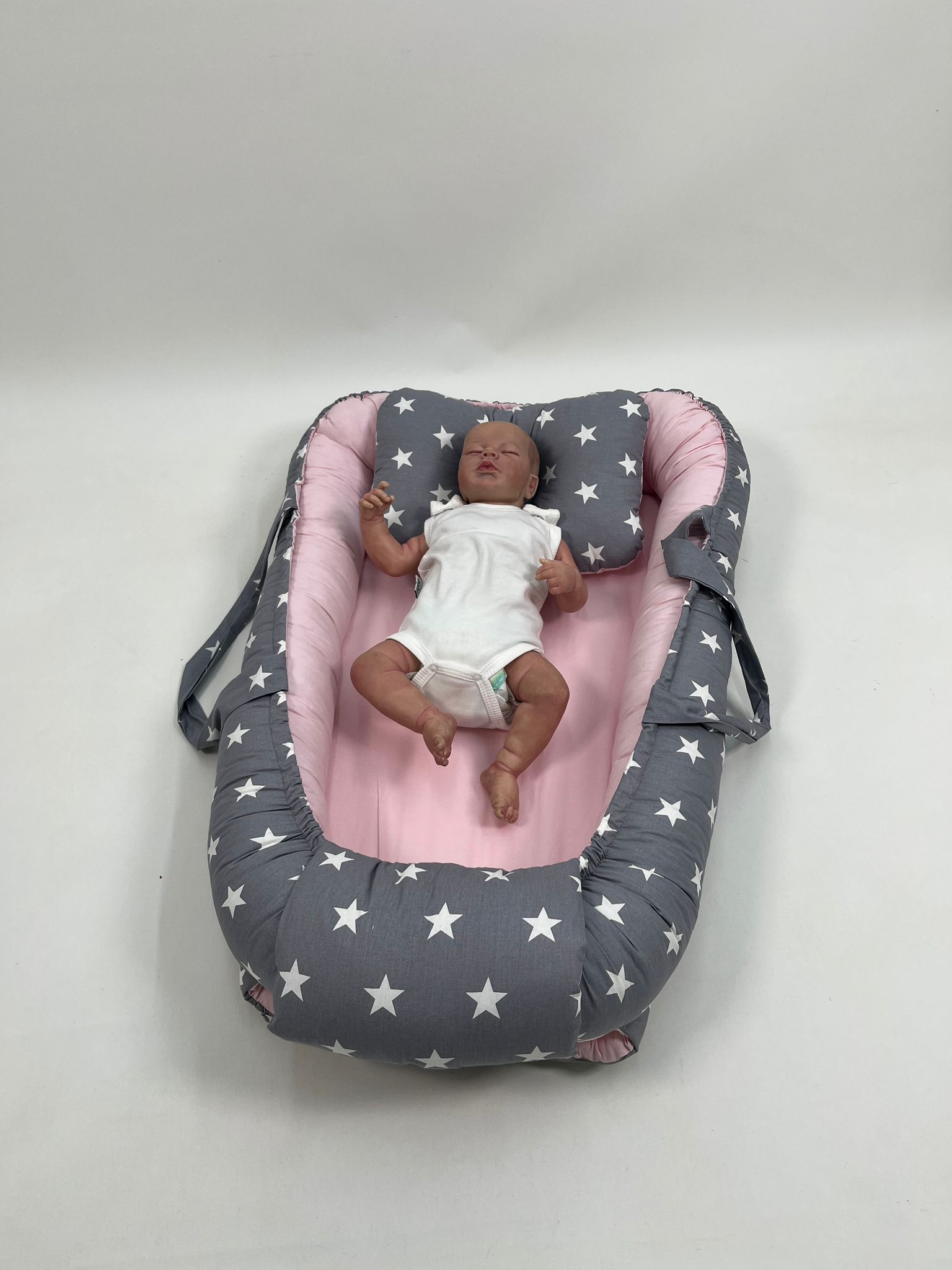 Babynest koyu gri yıldızlı poplin - pembe poplin