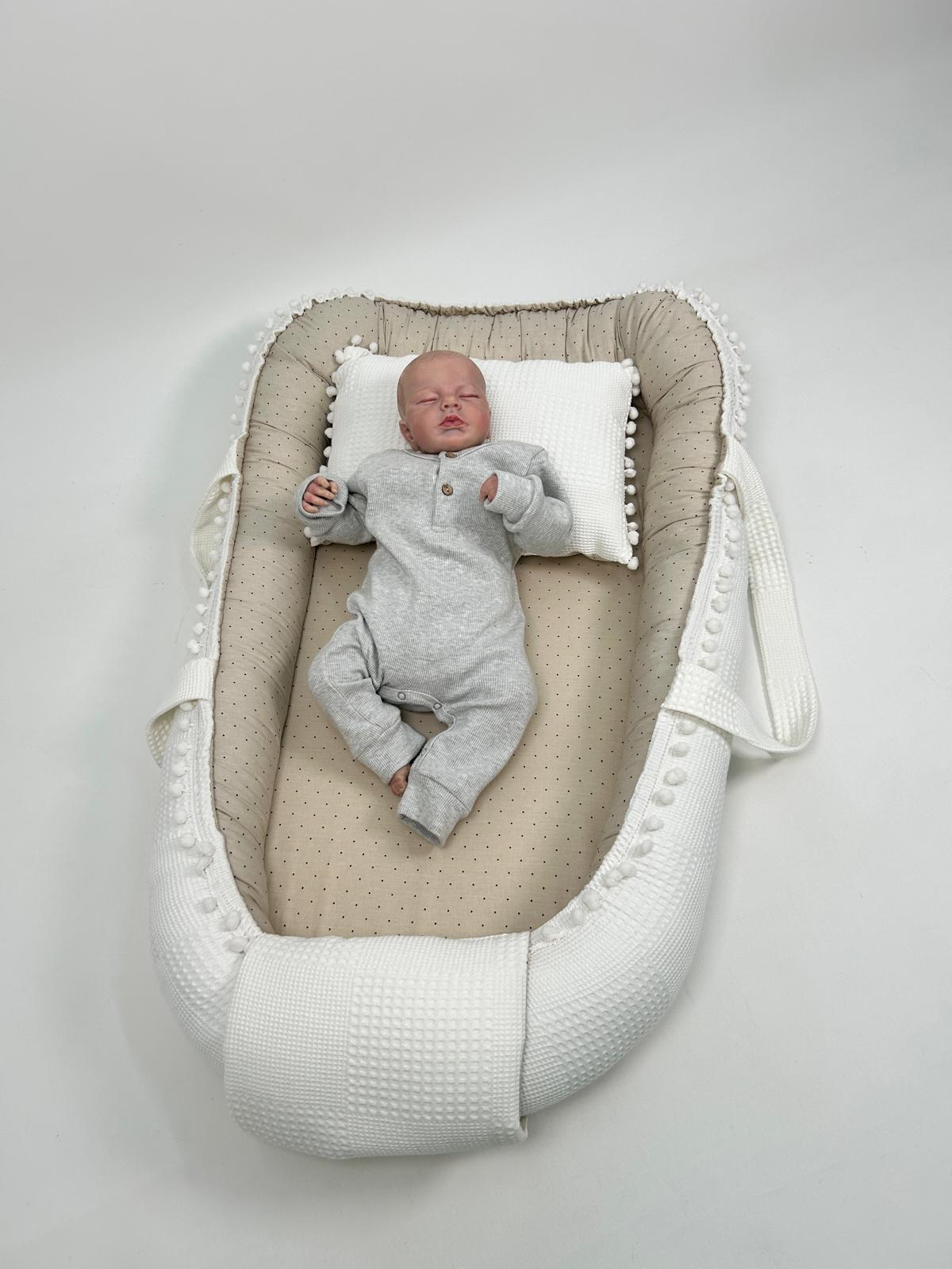 Babynest krem waffle pike - bej zemin üstü kahve rengi puantiyeli poplin