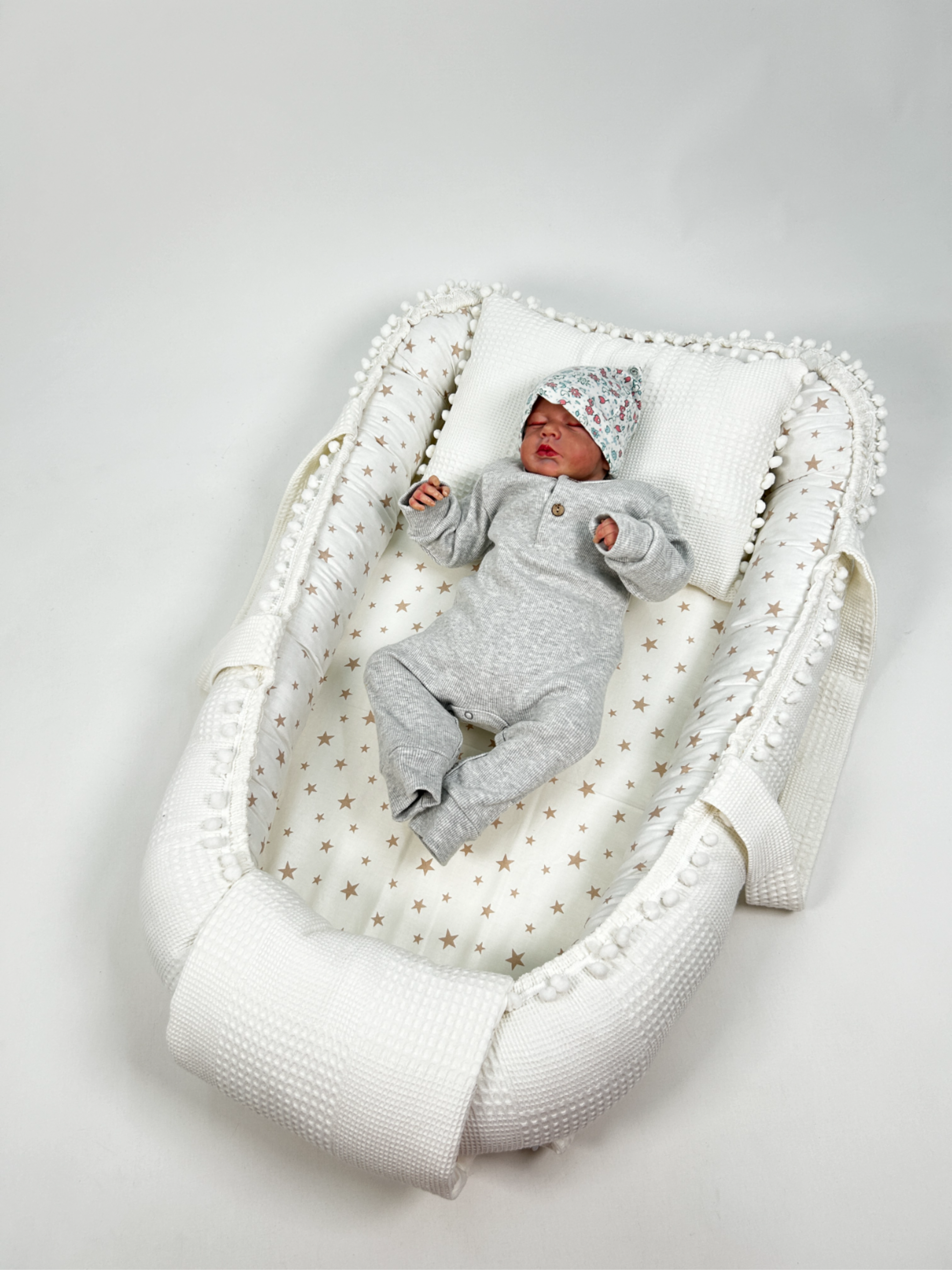 Babynest krem waffle pike - bej yıldızlı poplin