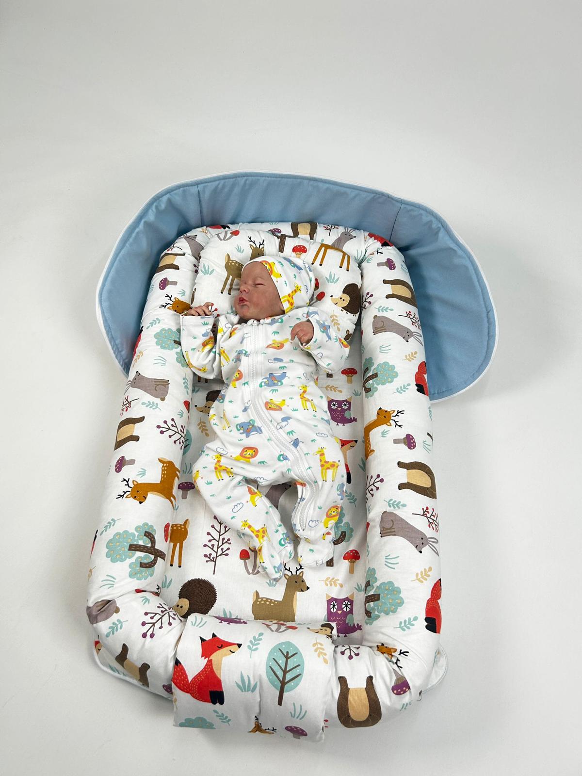 Çantalı babynest mavi panama keten - hayvan figürlü poplin
