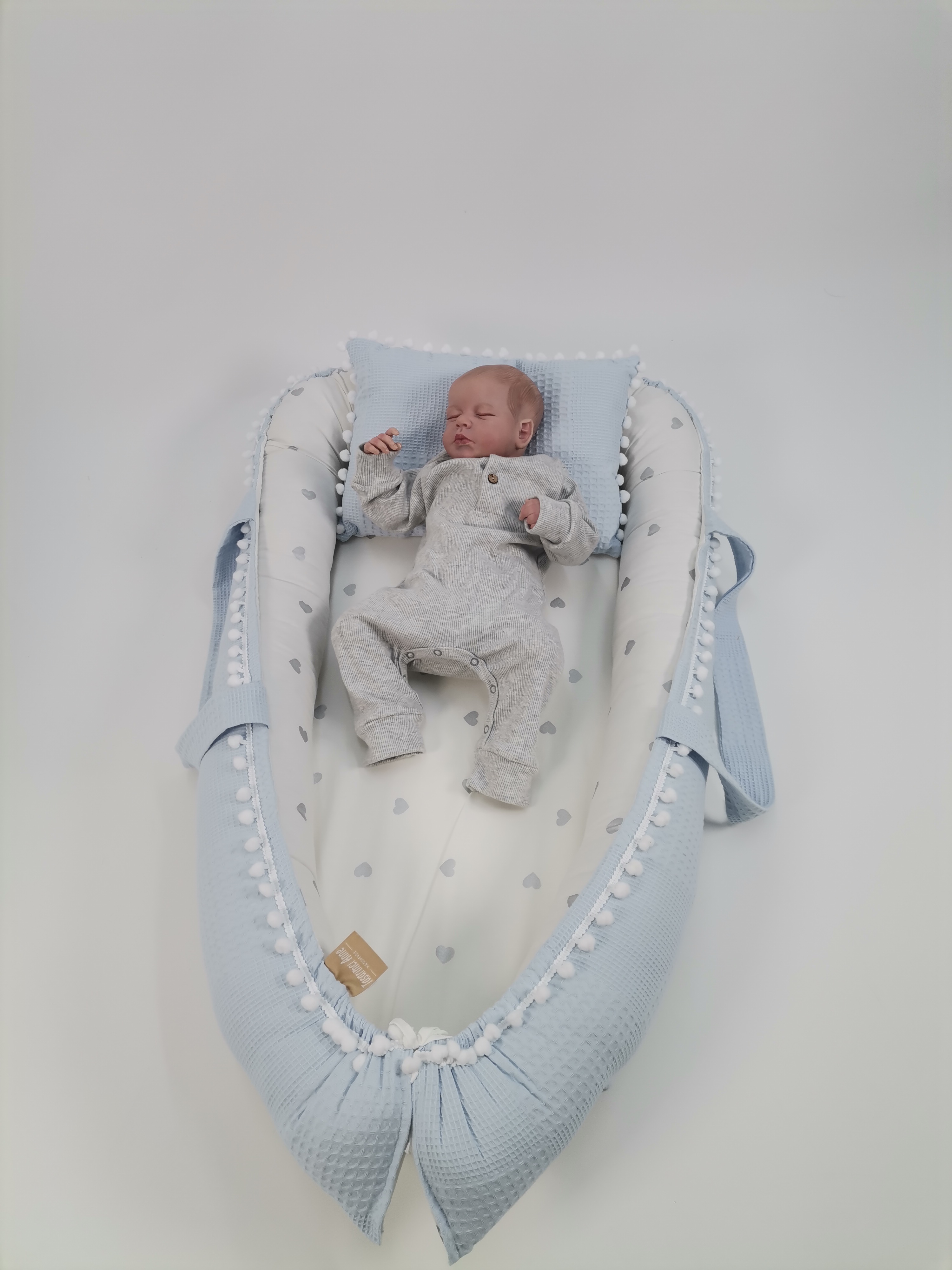 Babynest mavi waffle pike - gümüş kalpli poplin
