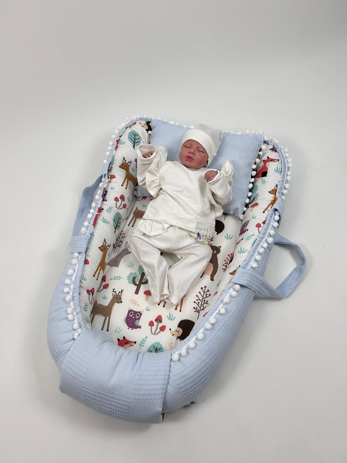 Babynest mavi waffle pike - hayvan figürlü poplin
