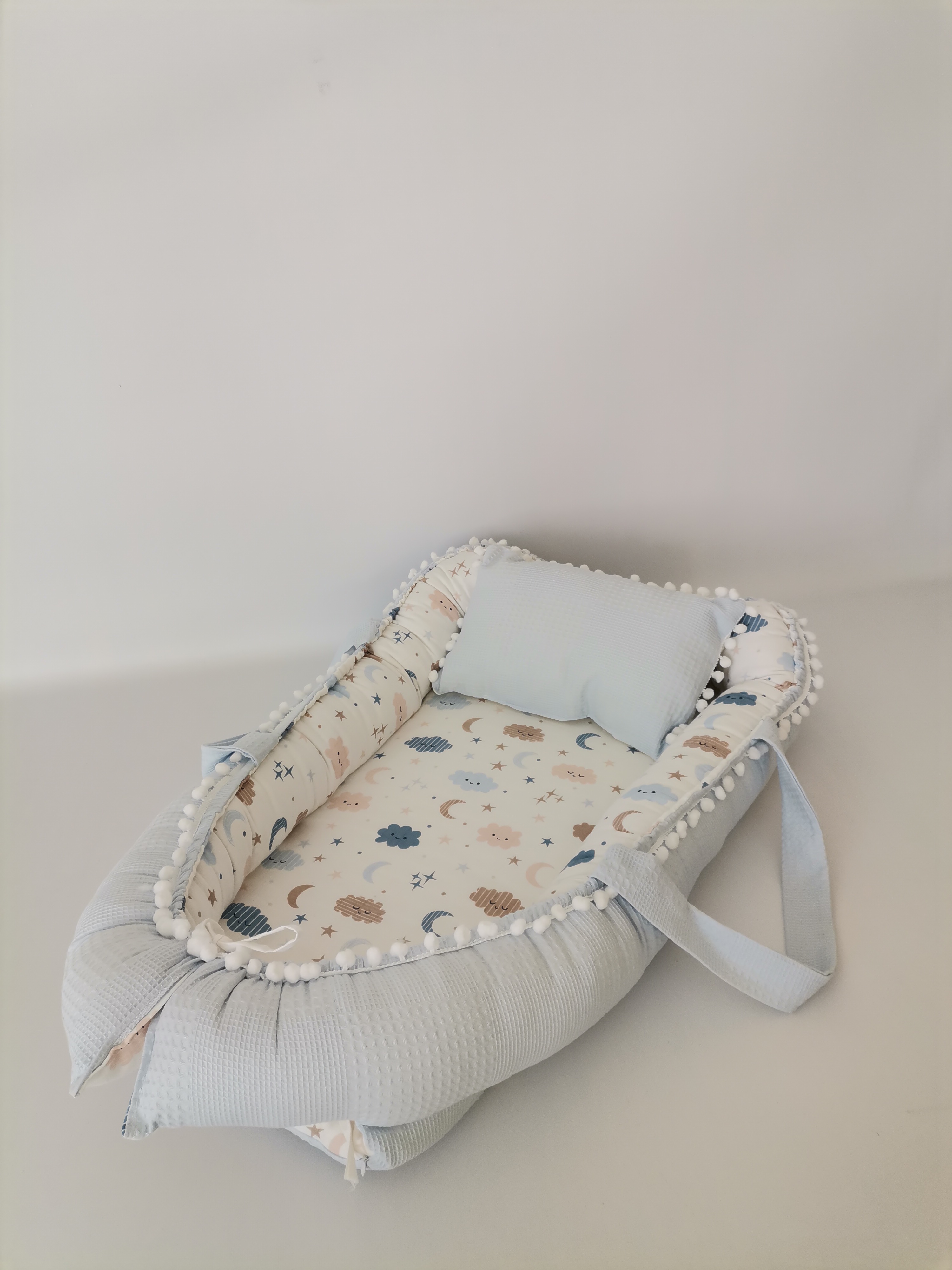 Babynest mavi waffle pike - mavi aylı bulutlu müslin