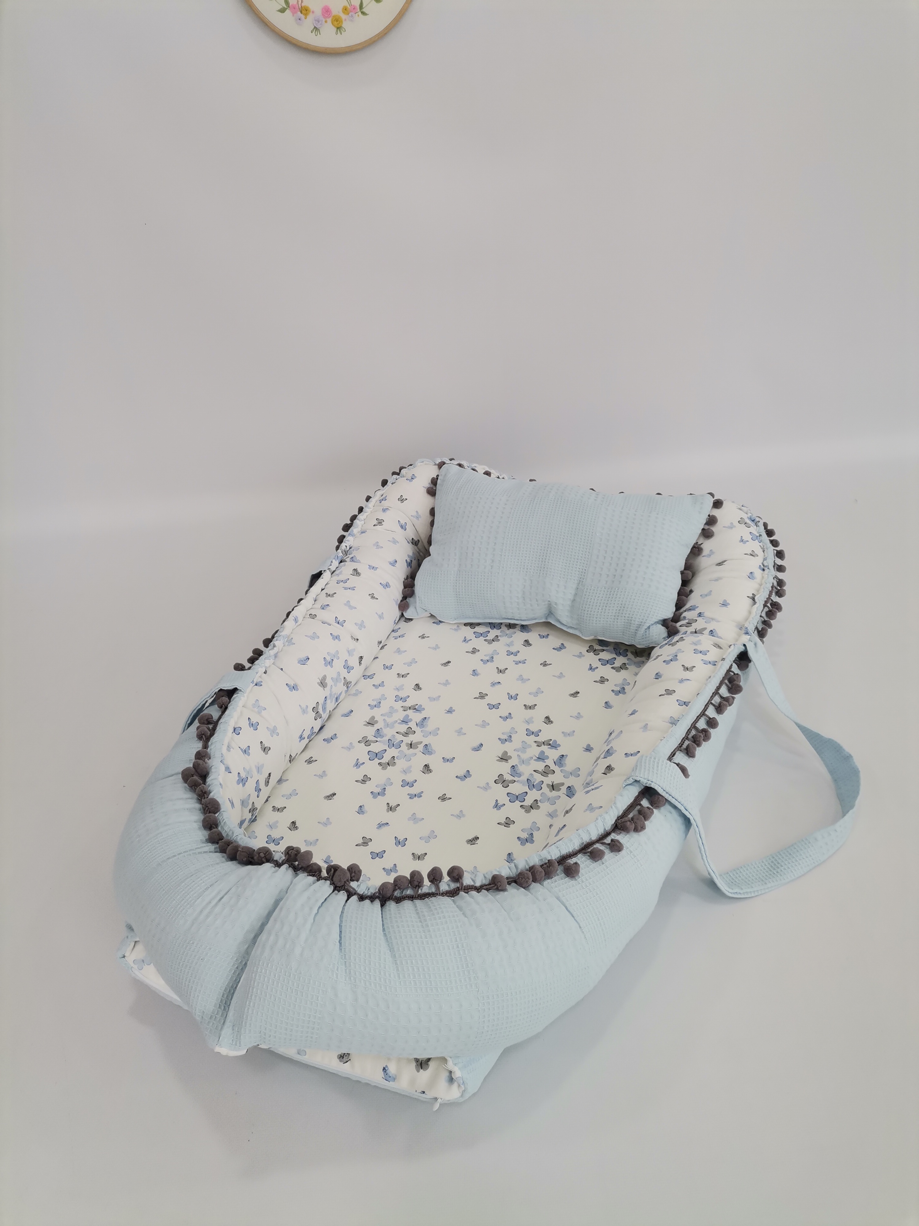 Babynest mavi waffle pike - mavi gri minik kelebekli müslin