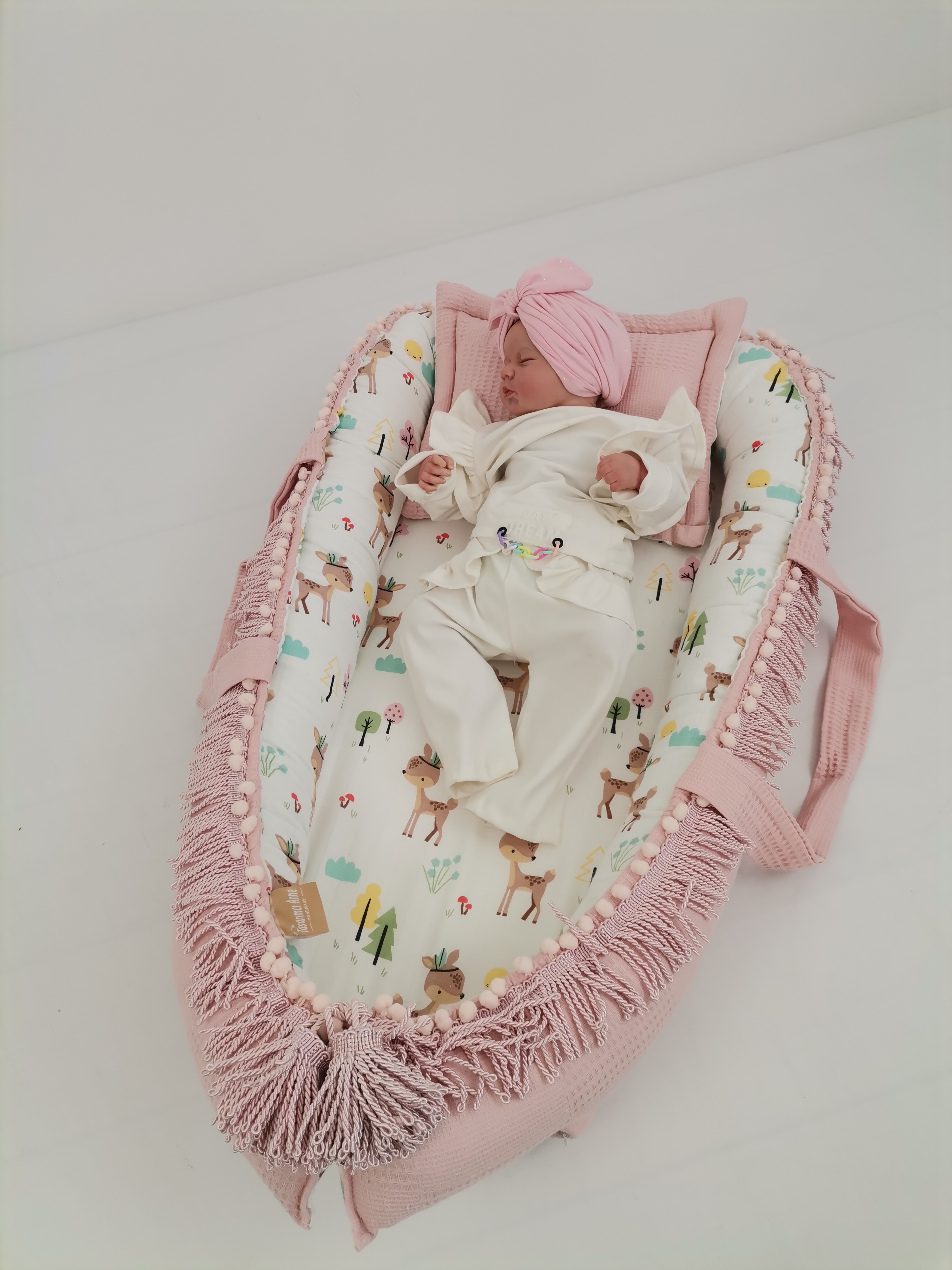 Babynest pembe püsküllü pudra pembe waffle pike - karacalı müslin