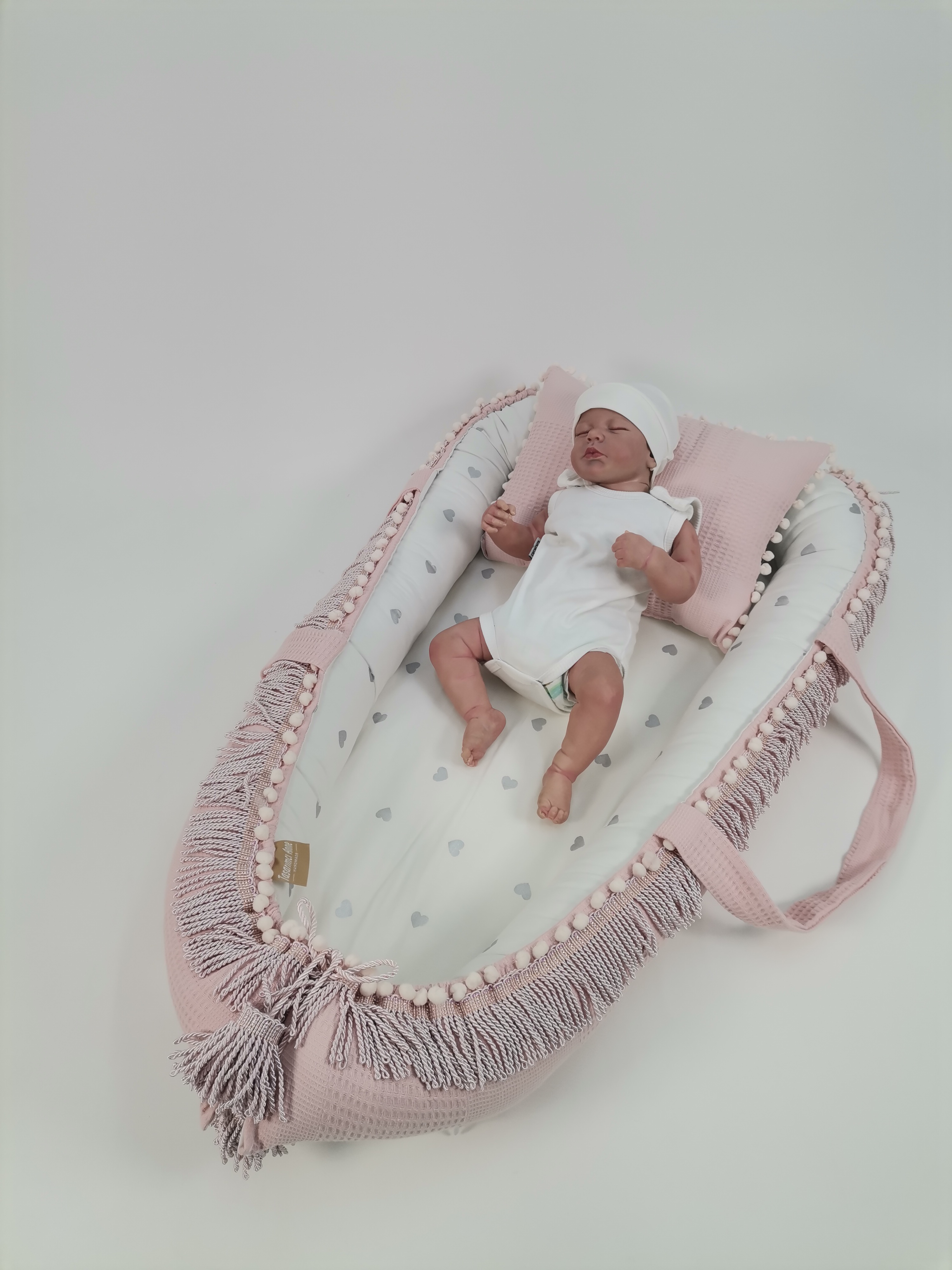 Babynest pembe püsküllü pudra pembe waffle pike - gümüş kalpli poplin