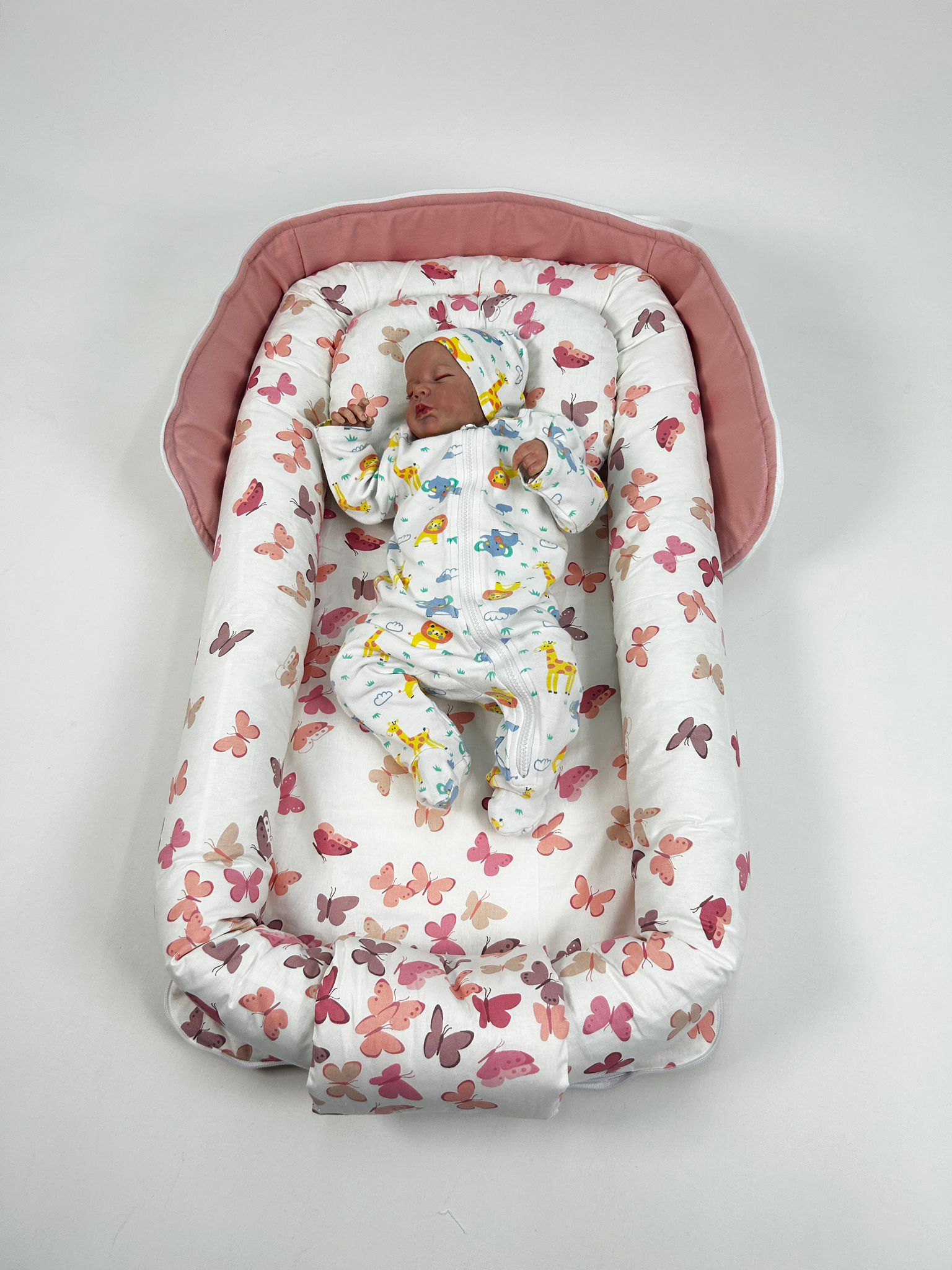 Çantalı babynest pudra pembe panama keten  - pudra kelebekli poplin
