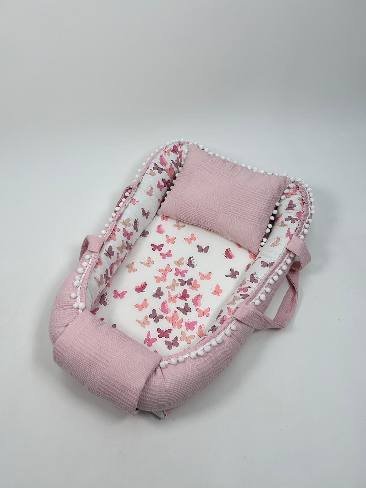 Babynest pudra pembe waffle pike - pudra kelebekli poplin