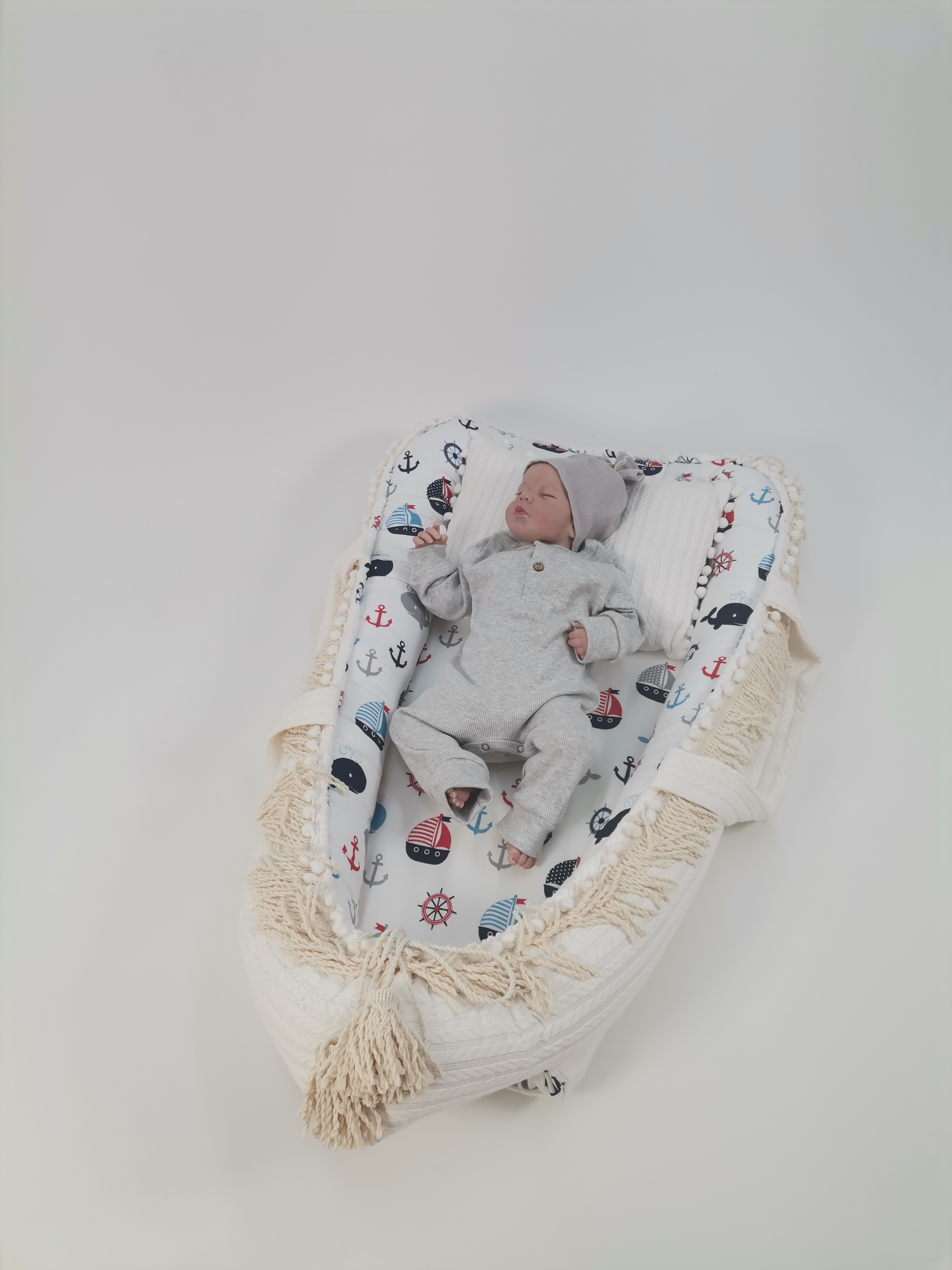 Babynest püsküllü krem örgü pike - wella denizci balinalı müslin