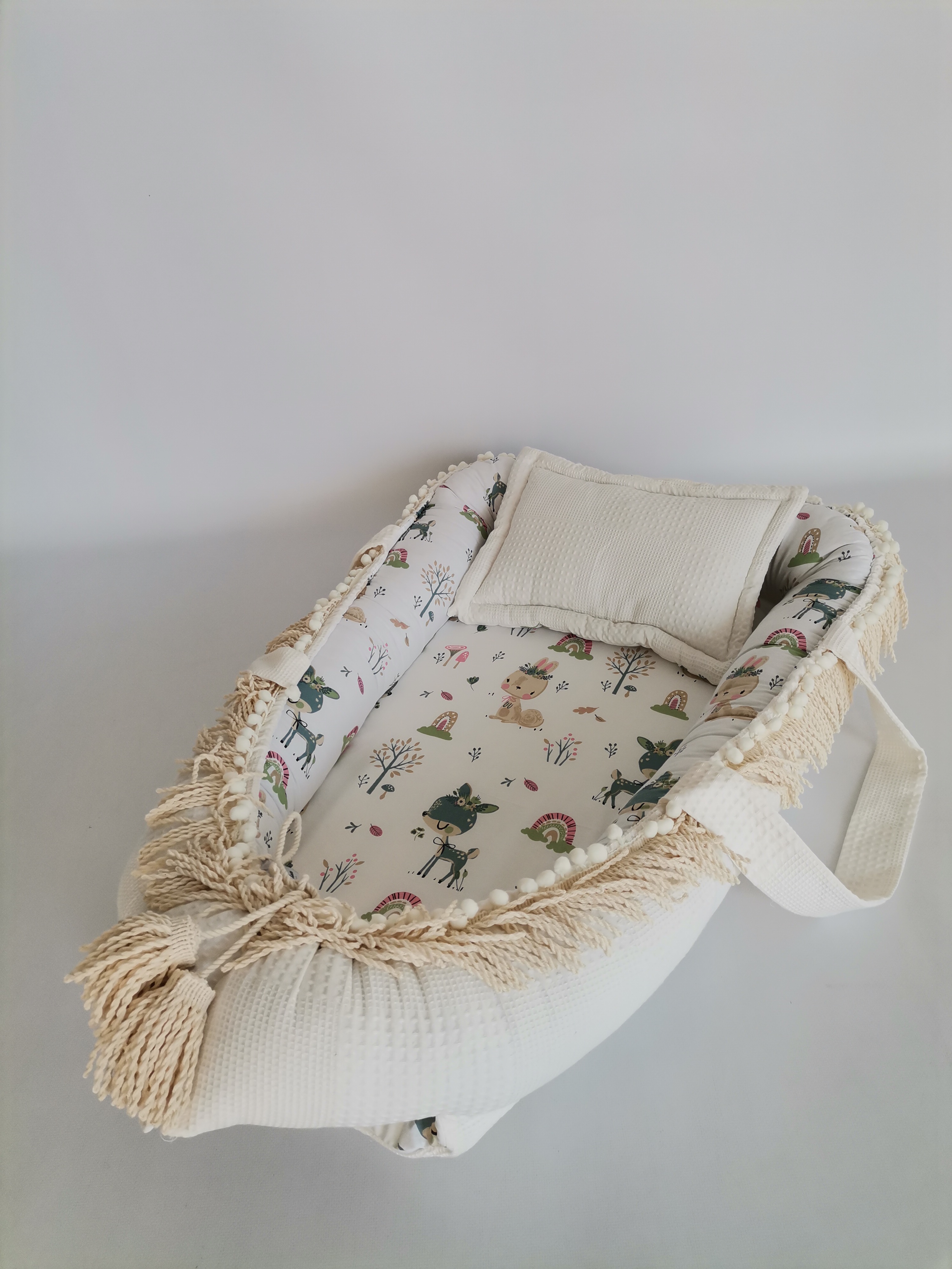Babynest püsküllü krem waffle pike - yeni ceylanlı poplin