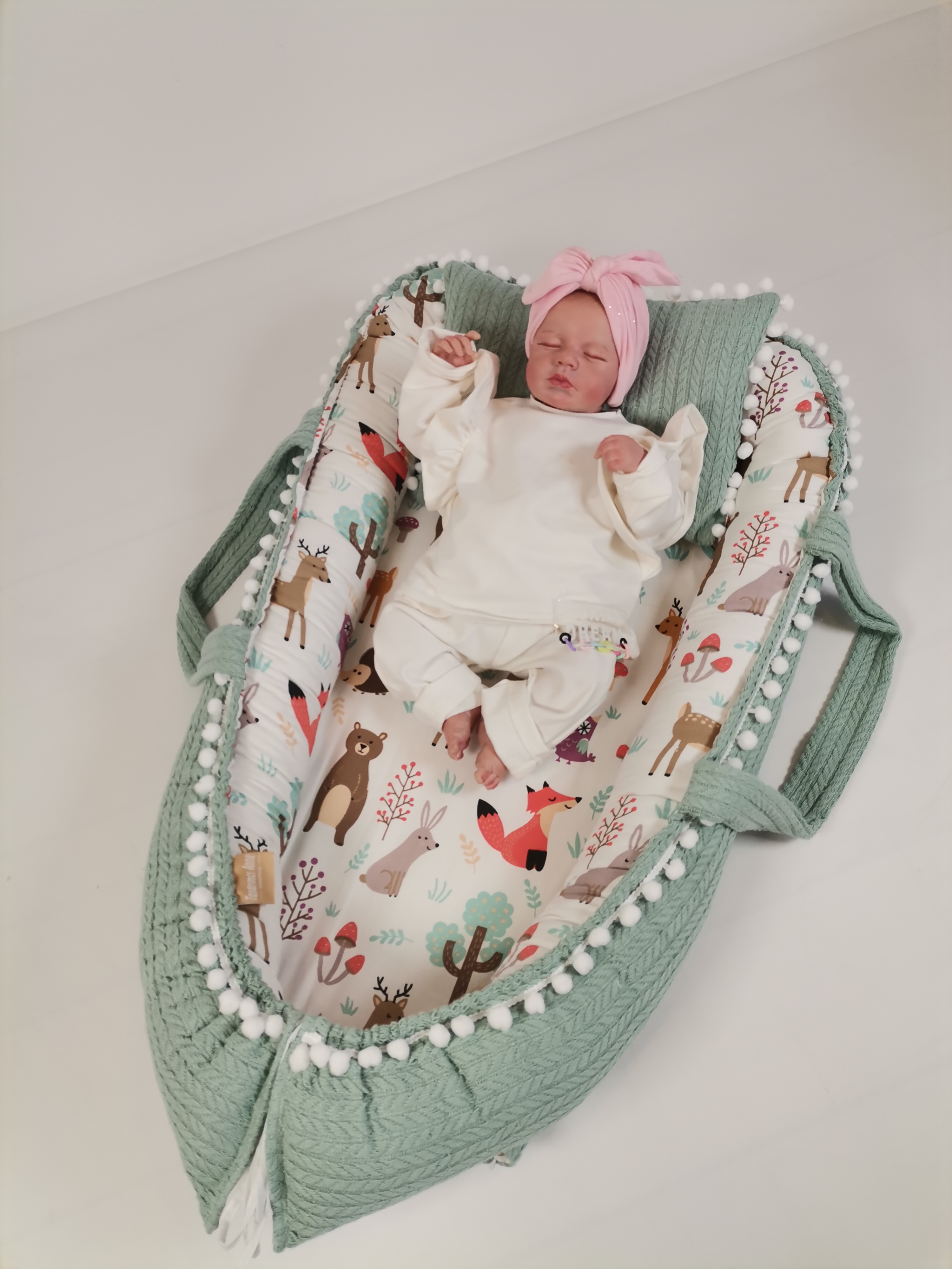Babynest yeşil örgü pike - hayvan figürlü poplin