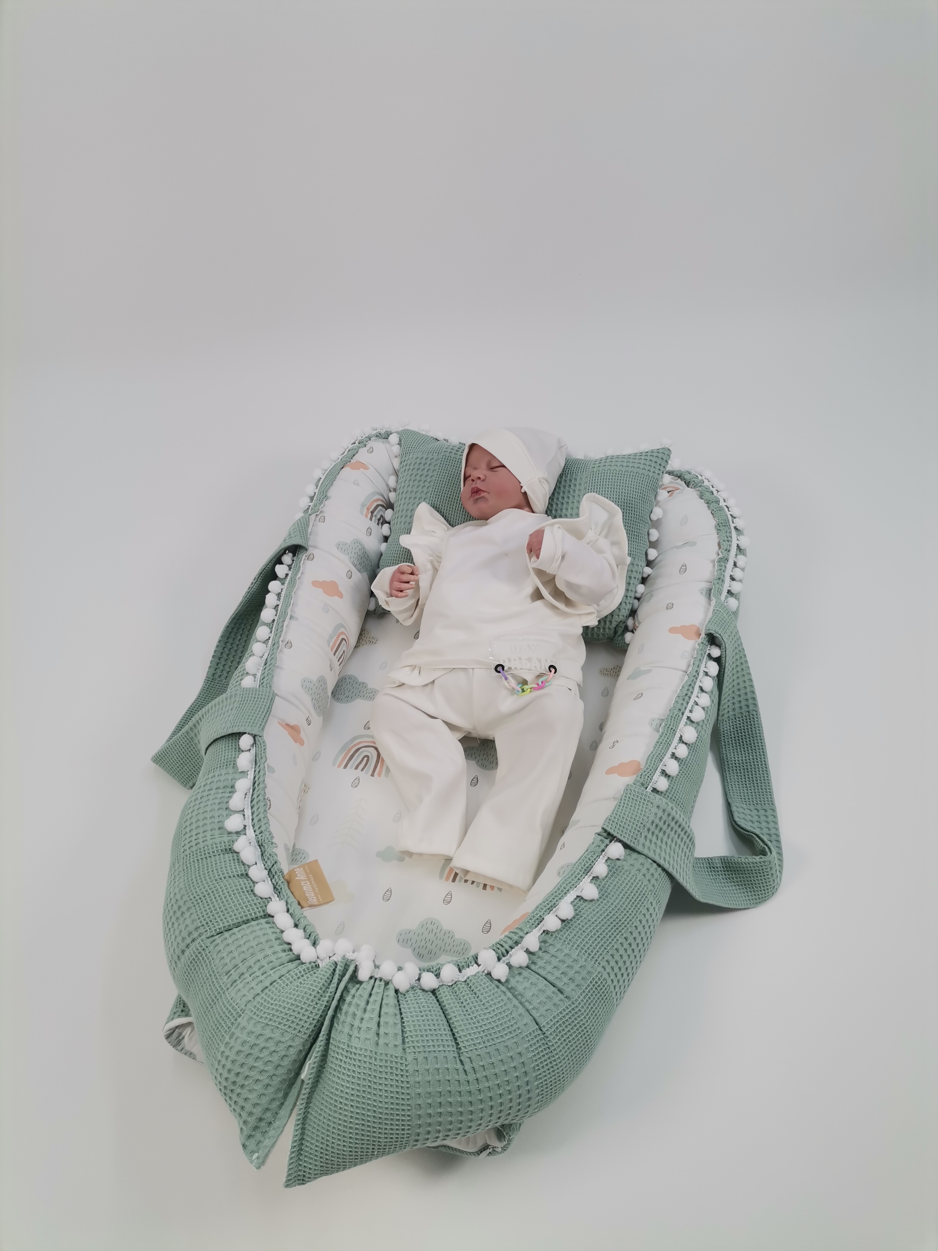 Babynest yeşil waffle pike - gökkuşaklı poplin