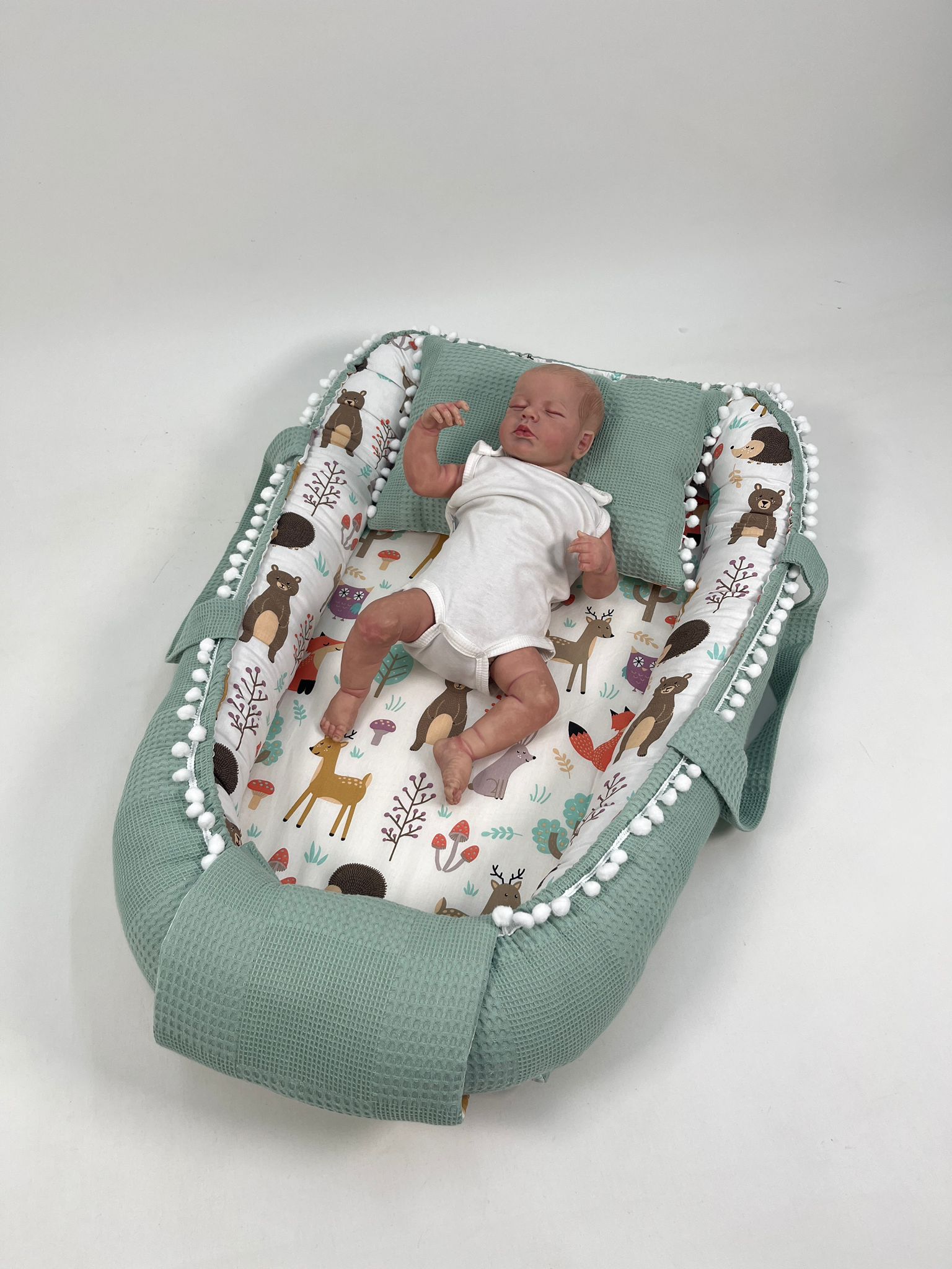 Babynest yeşil waffle pike - hayvan figürlü poplin