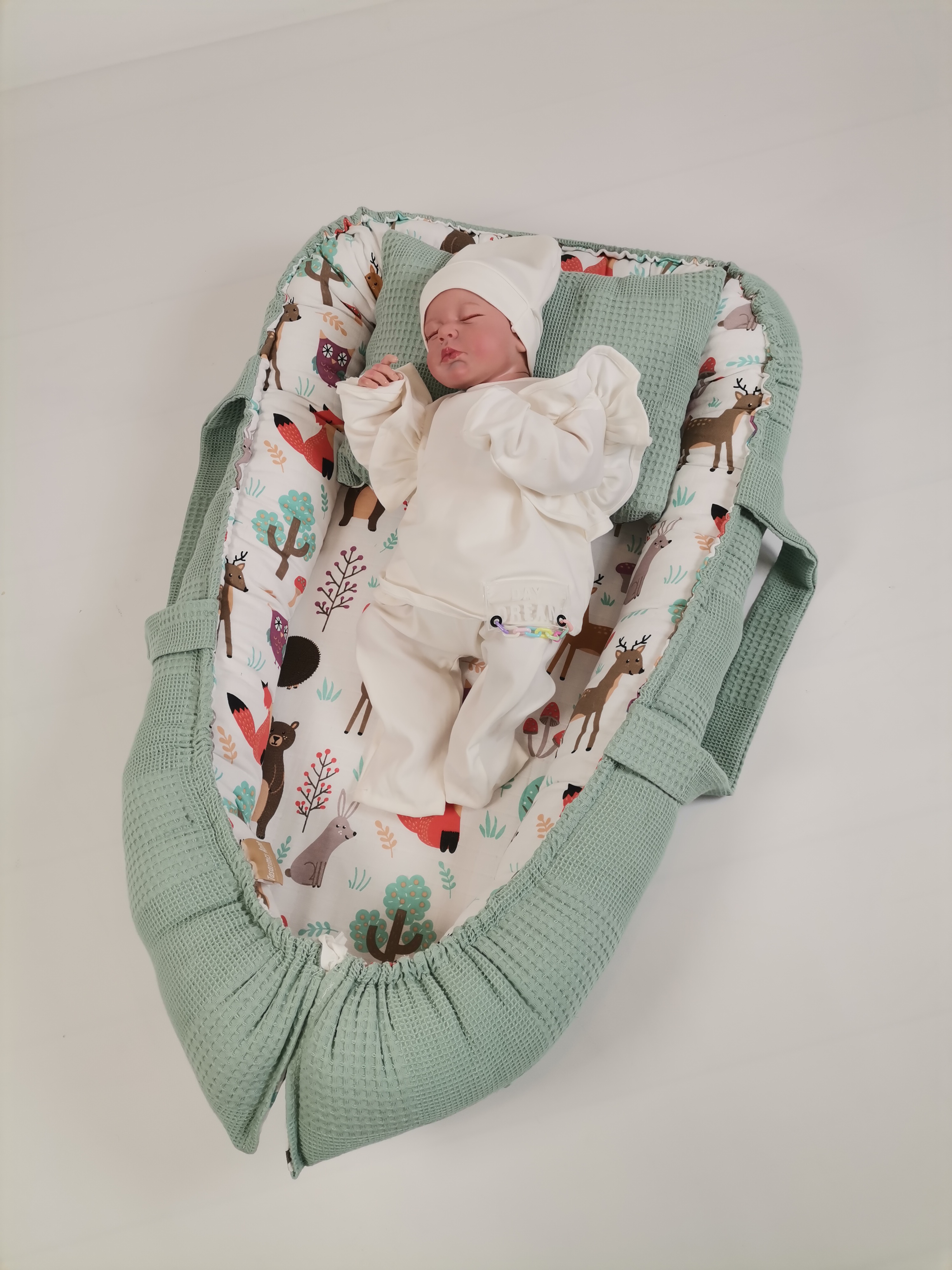 Babynest yeşil waffle pike - hayvan figürlü müslin