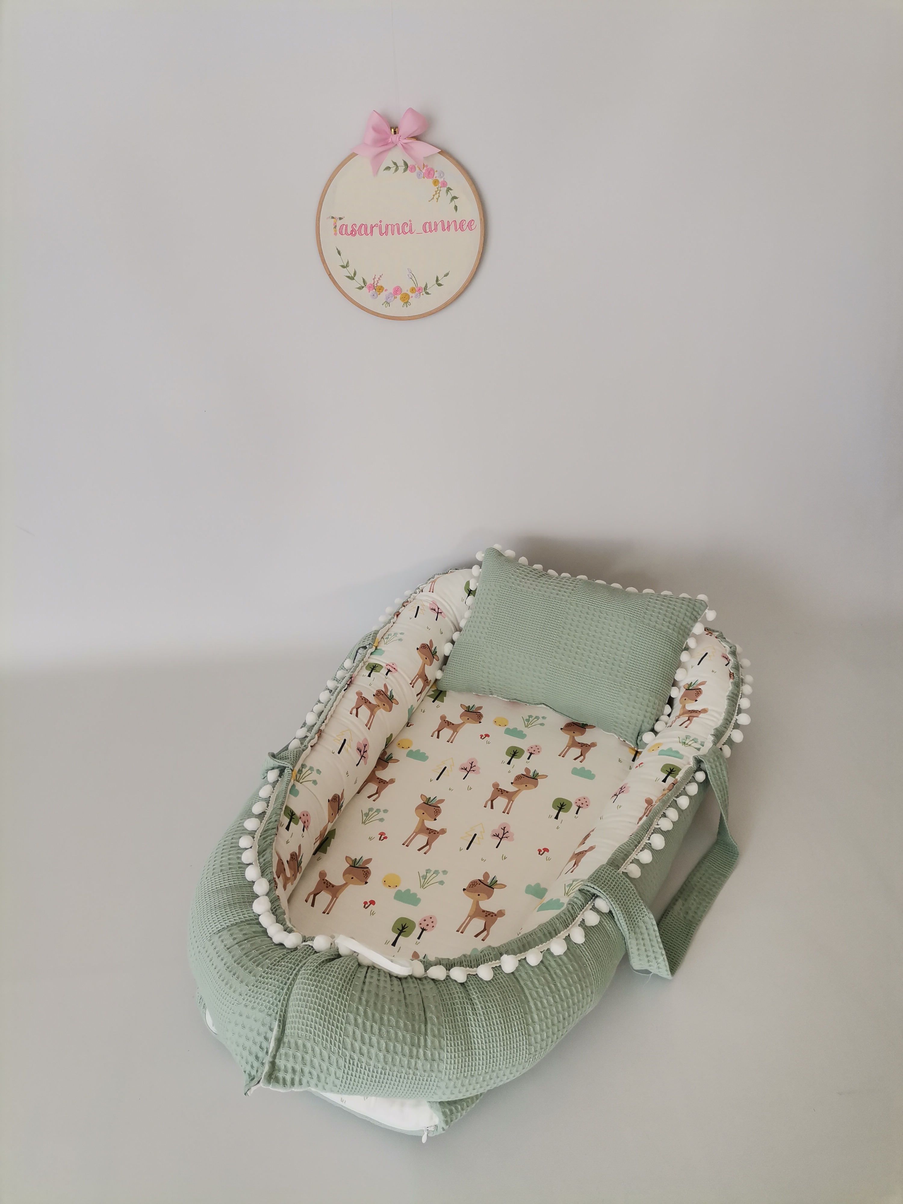 Babynest yeşil waffle pike - karacalı müslin