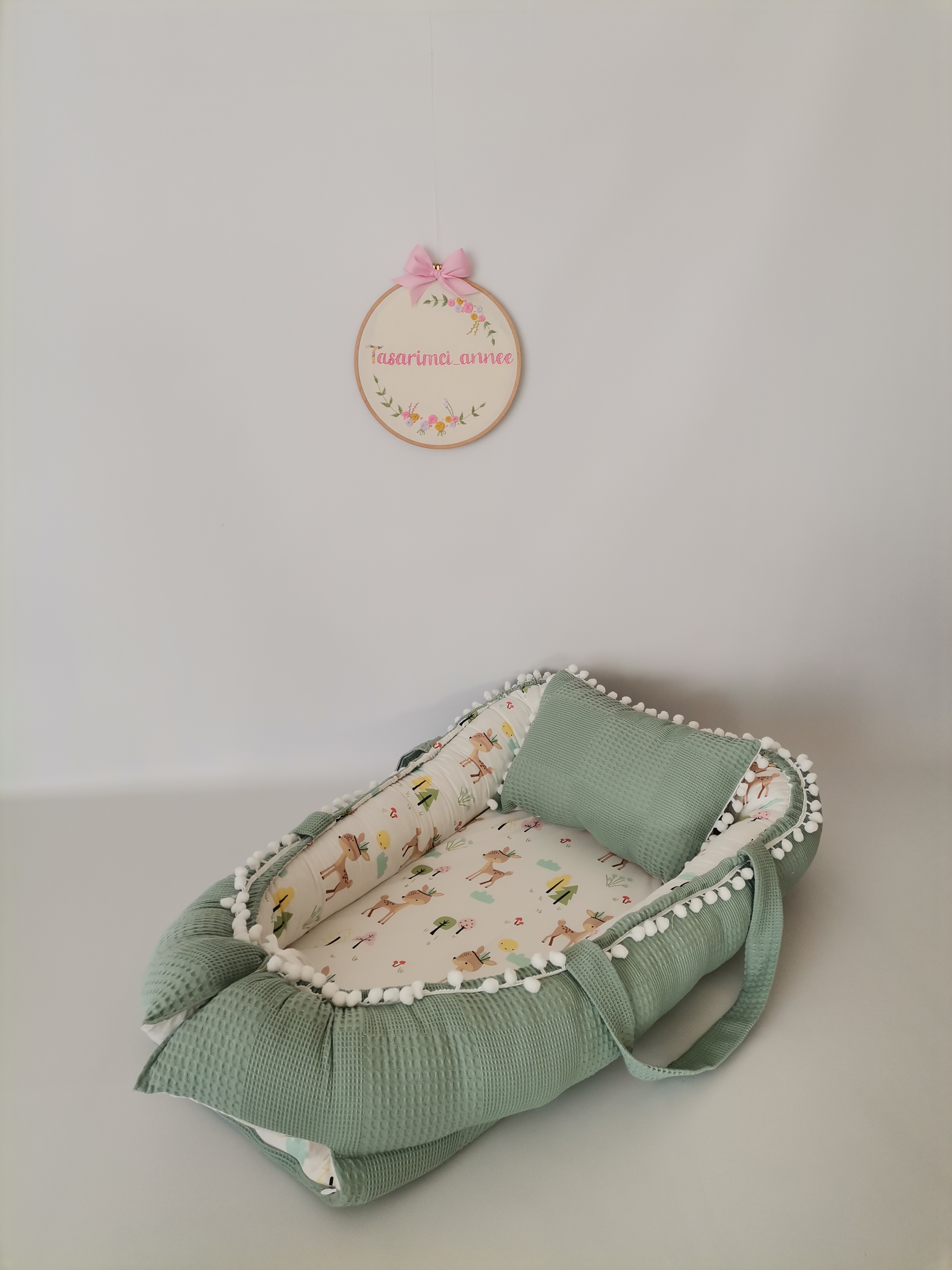 Babynest yeşil waffle pike - karacalı poplin