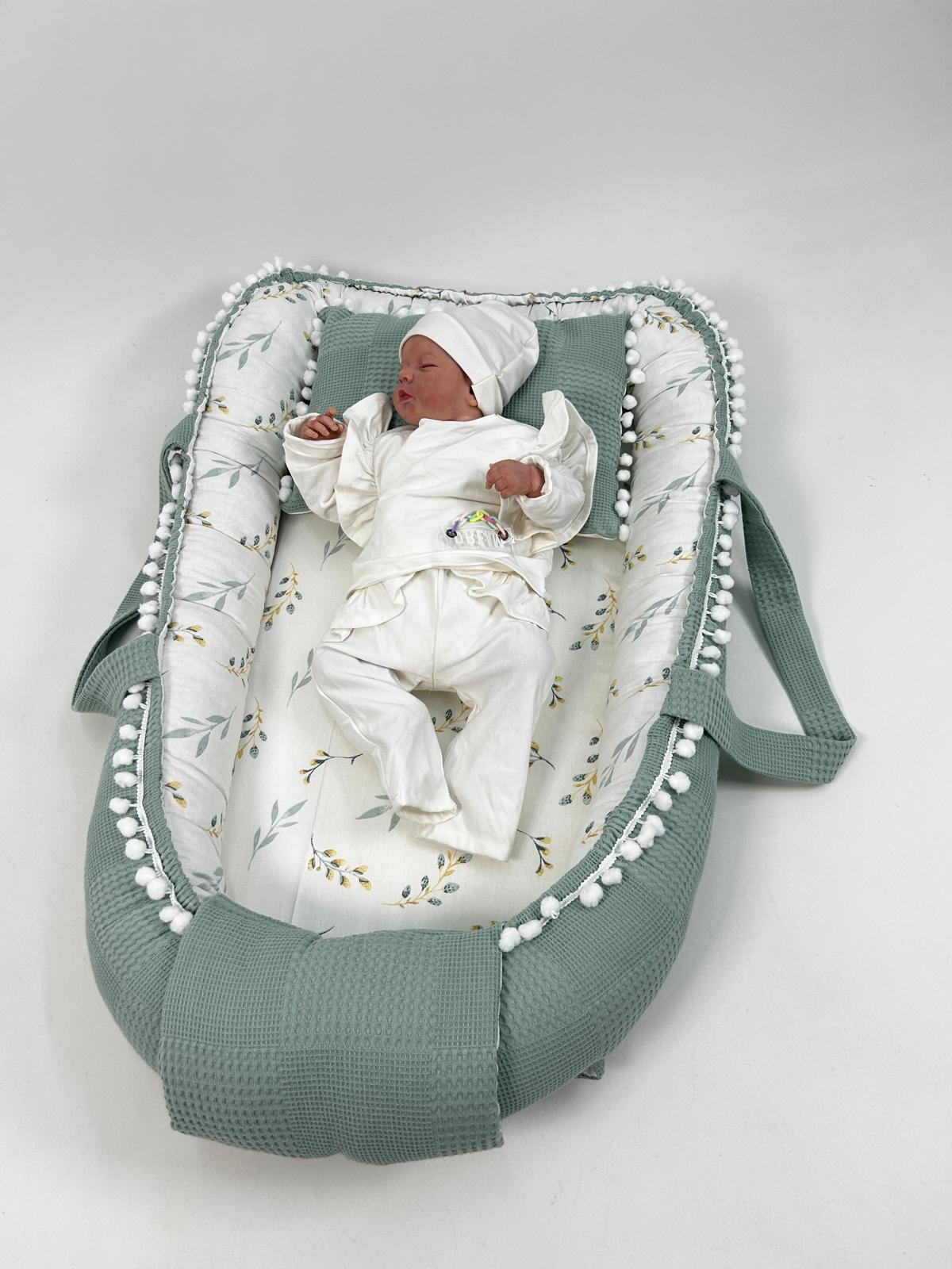 Babynest yeşil waffle pike - yeşil zeytin dalı desenli poplin
