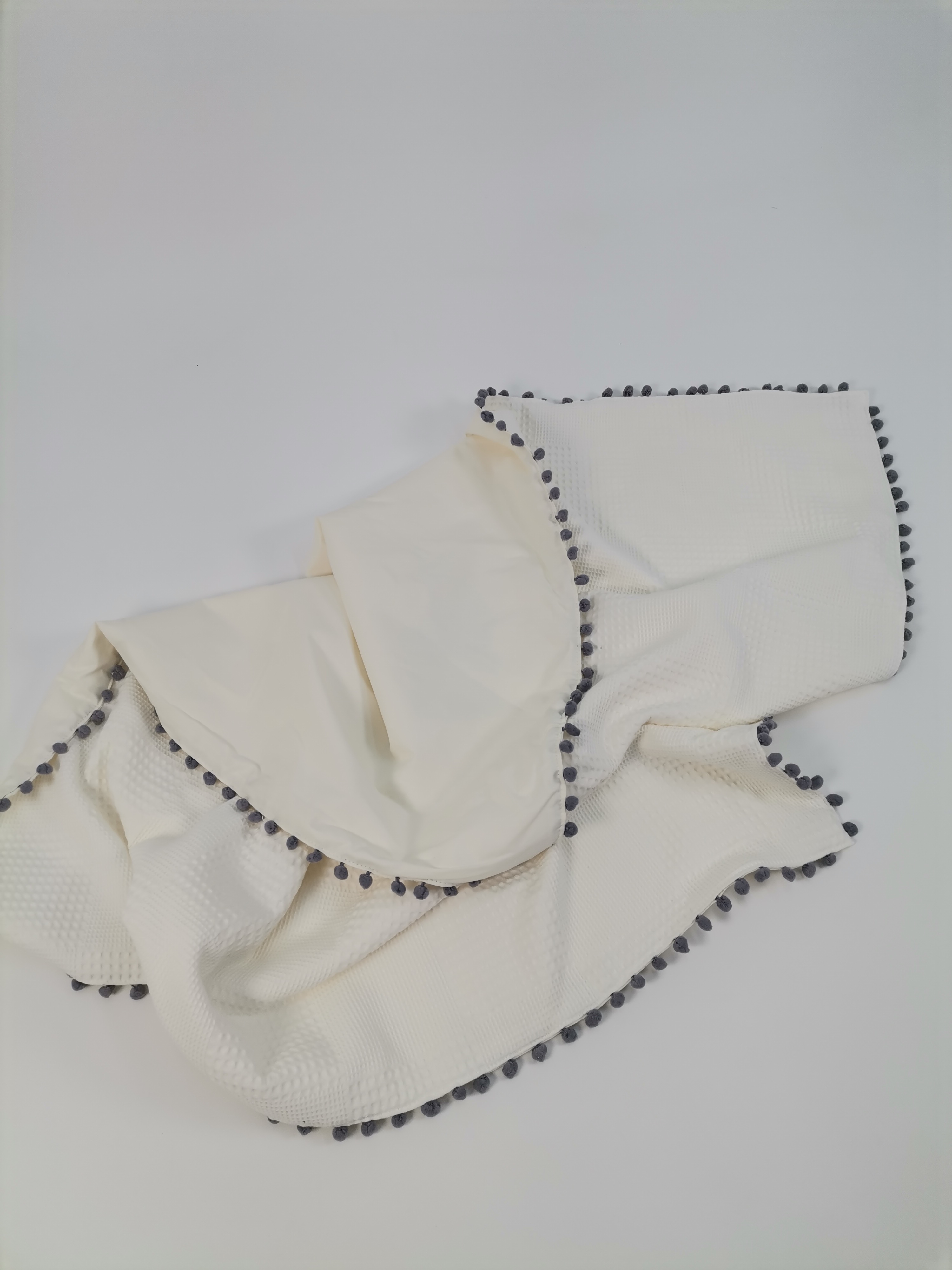 Battaniye krem waffle pike - krem poplin  gri ponponlu