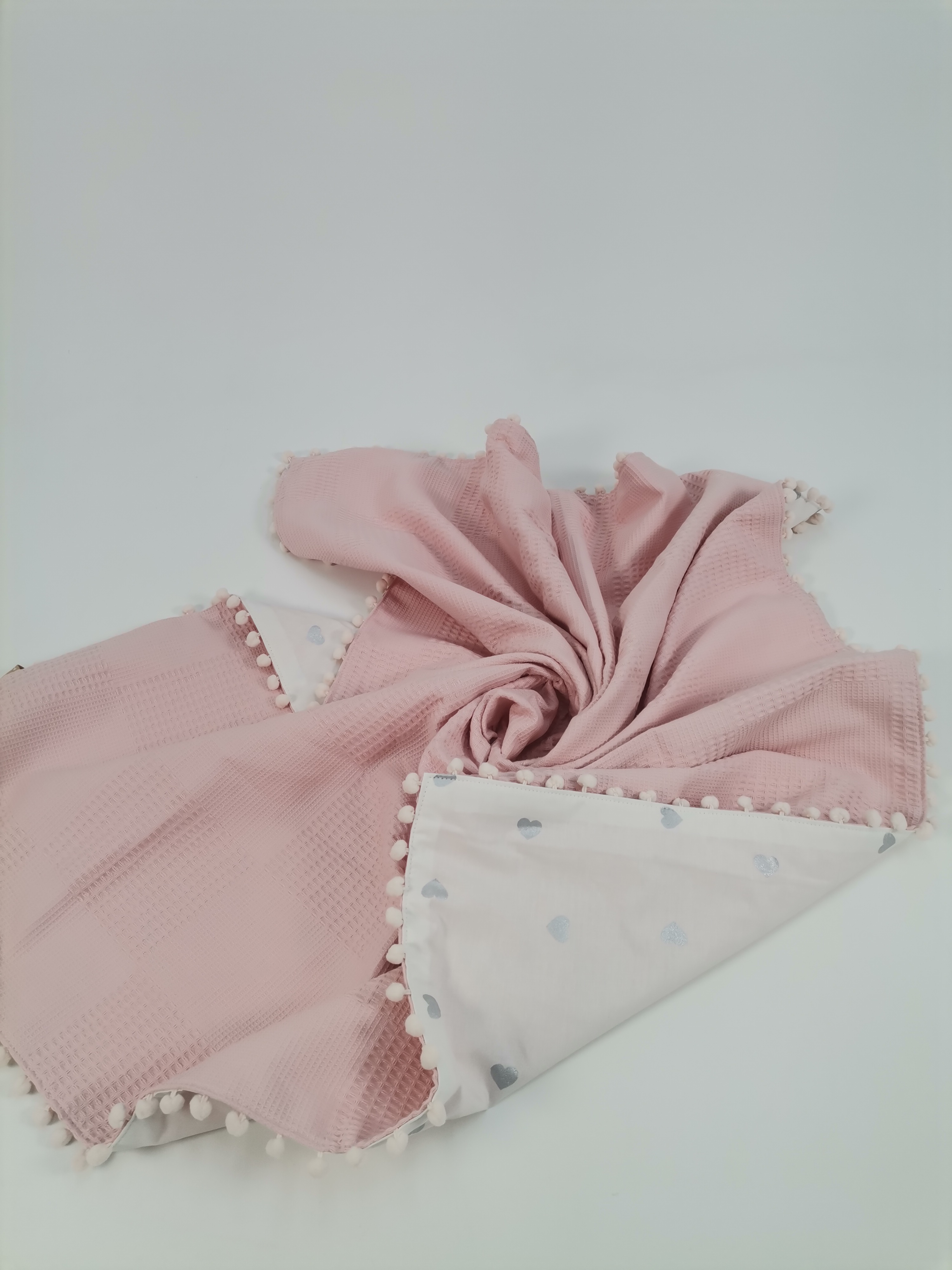 Battaniye pudra pembe waffle pike - gümüş kalpli poplin