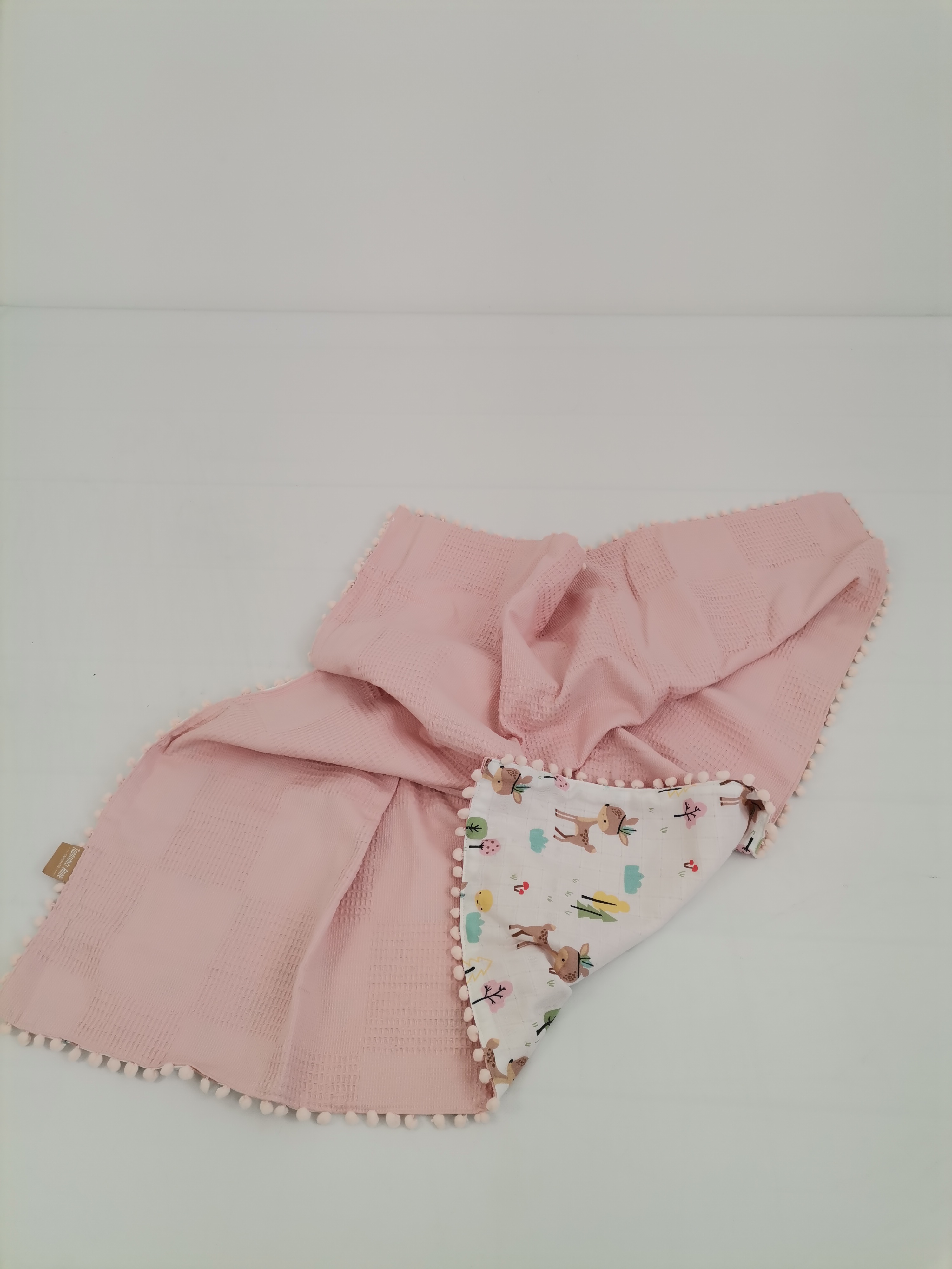 Battaniye pudra pembe waffle pike - karacalı müslin somon ponponlu