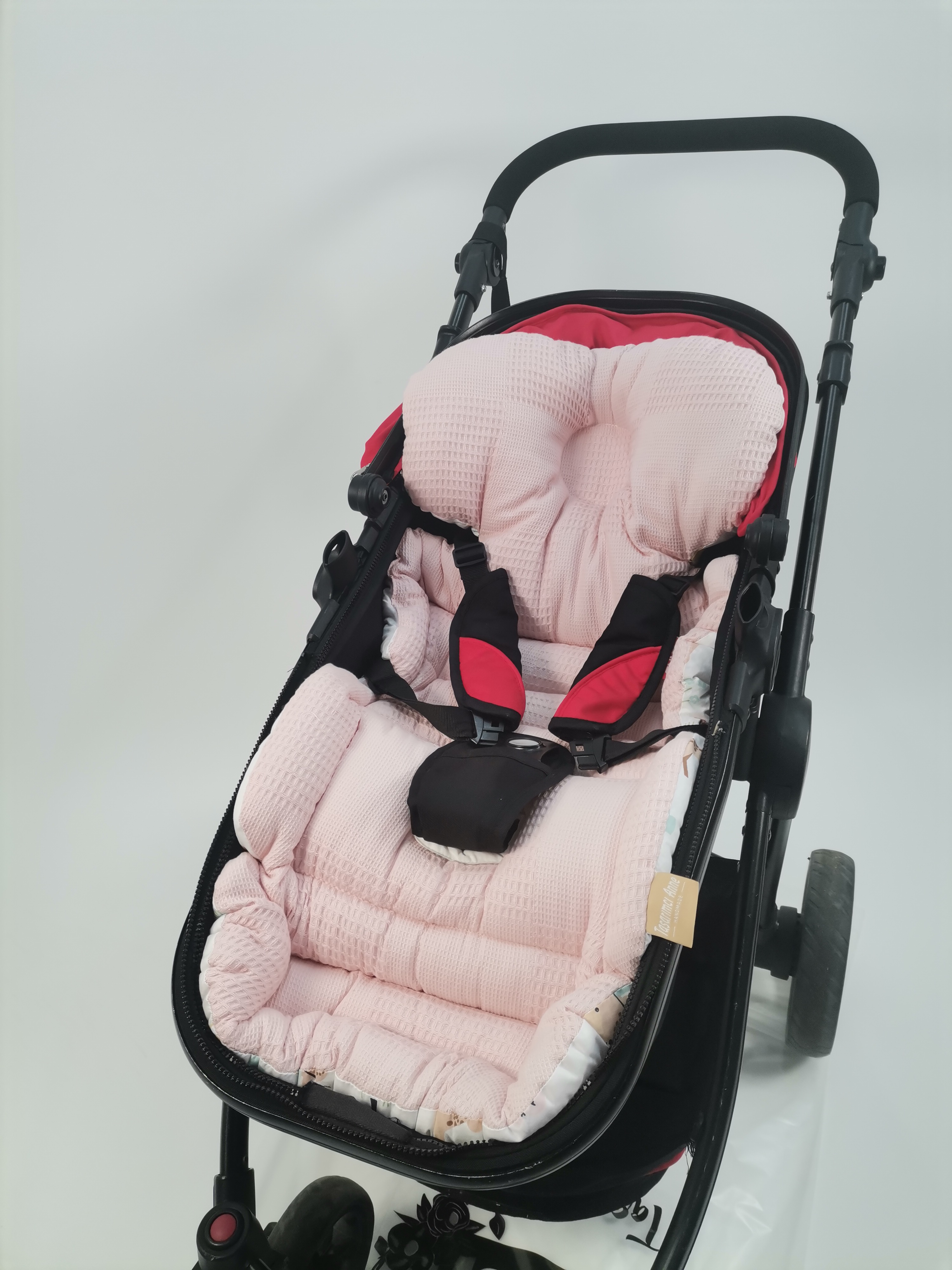 Bebek arabası minderi pudra pembe waffle pike - karacalı poplin