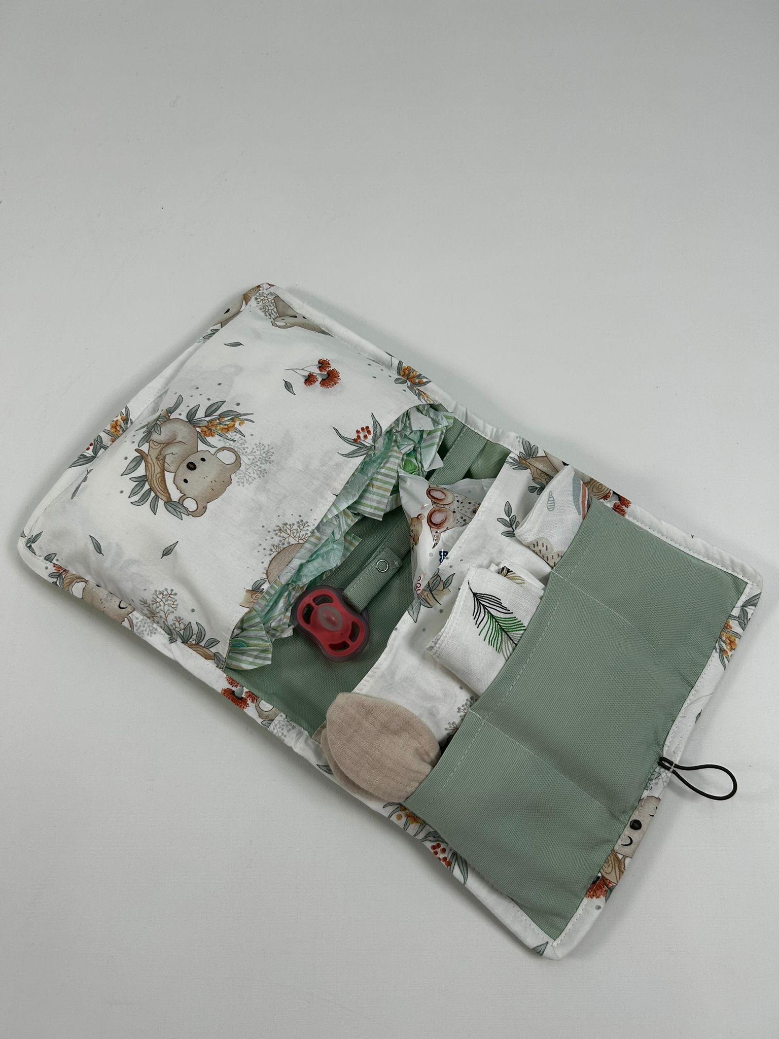 Bebek bakım çantası organizer yeşil - koala desenli poplin 