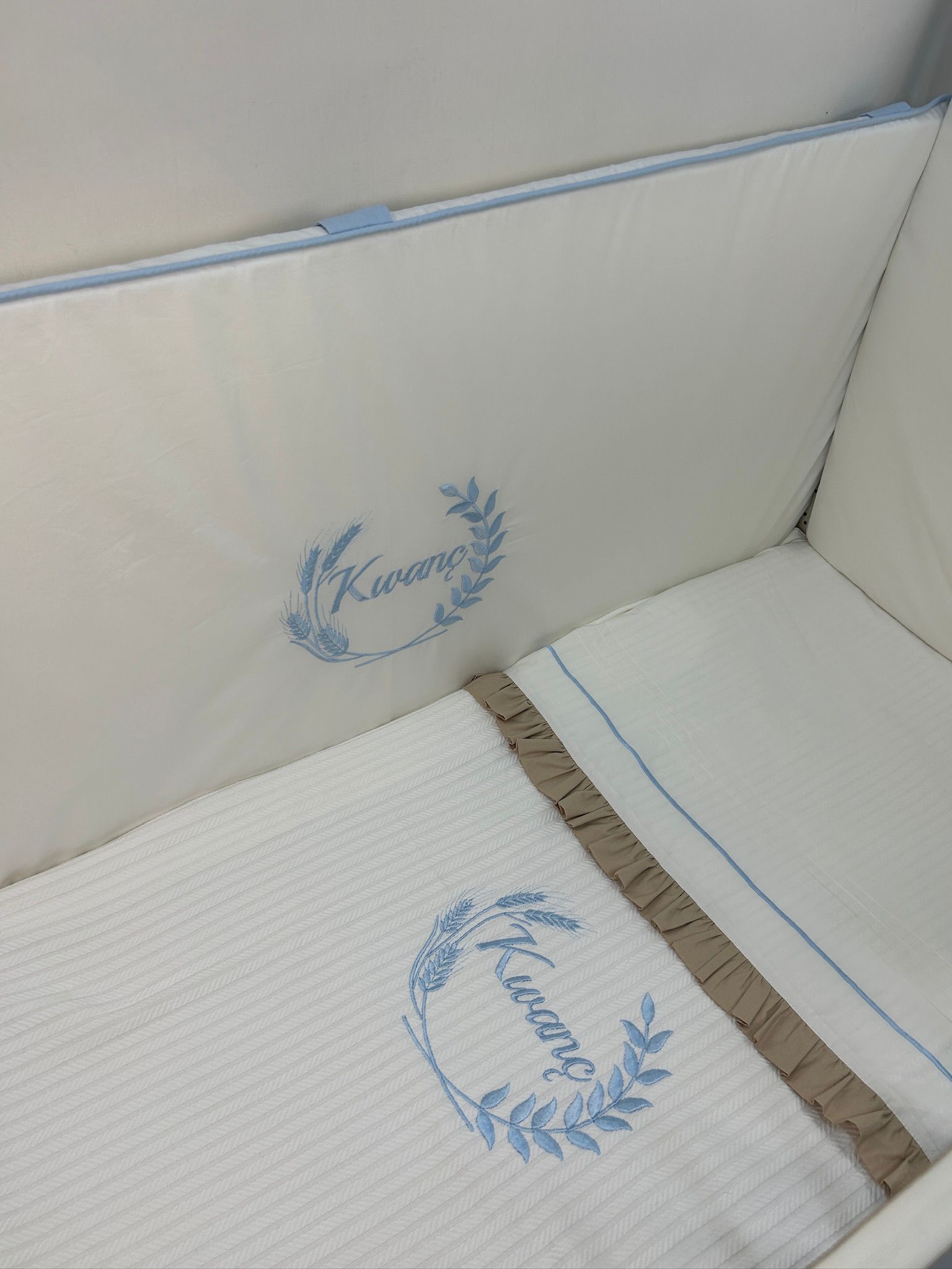 Beşik korumalığı fitilli beyaz poplin - mavi poplin isim ve desen işlemeli