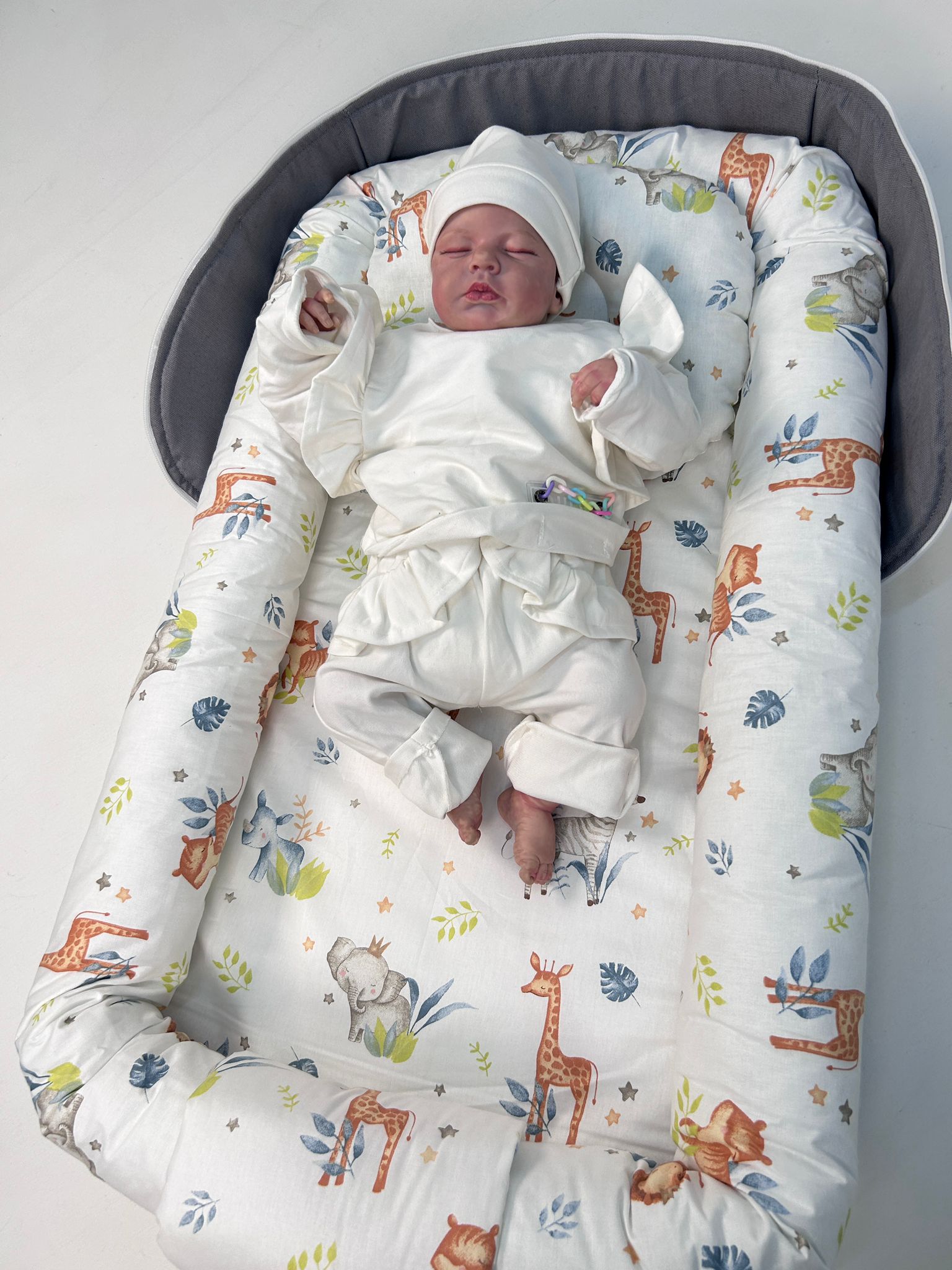 Çantalı babynest gri panama keten - sevimli hayvanlar poplin