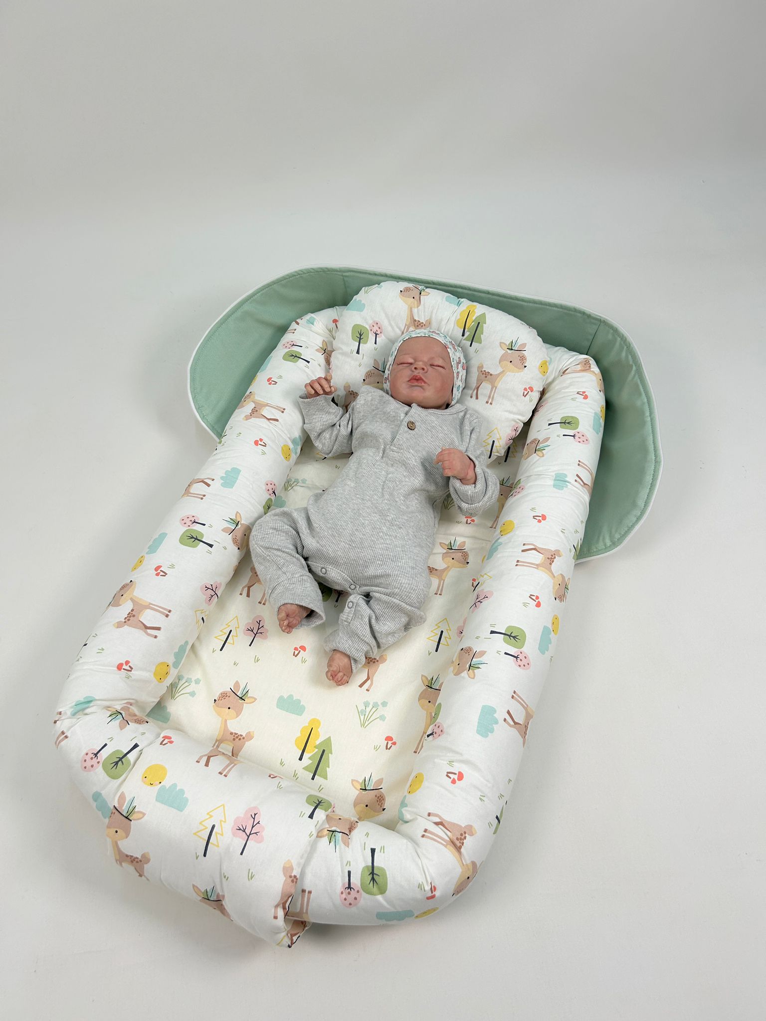 Çantalı babynest yeşil panama keten  - karacalı poplin