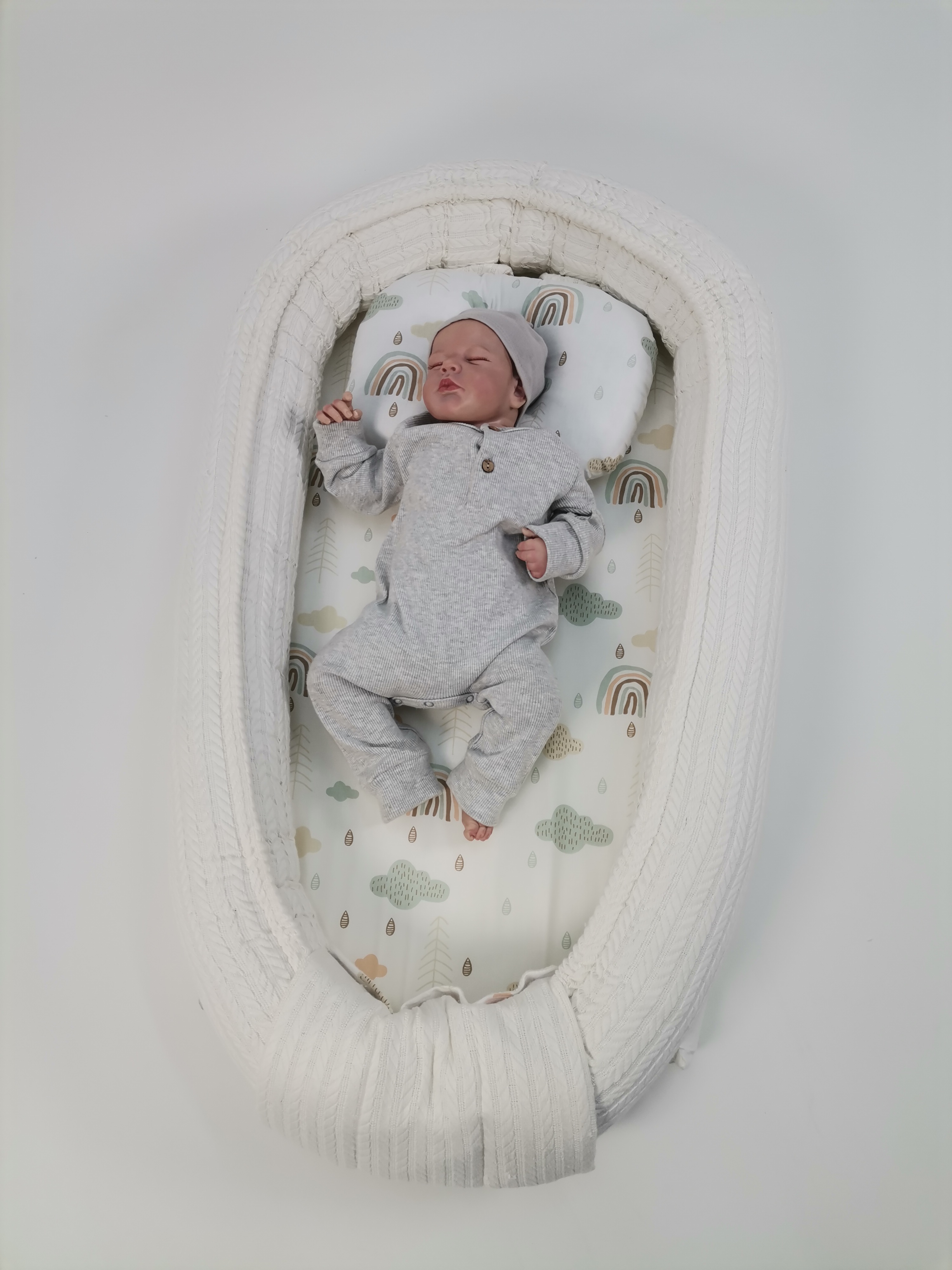 Çok amaçlı babynest krem örgü pike - gökkuşaklı poplin