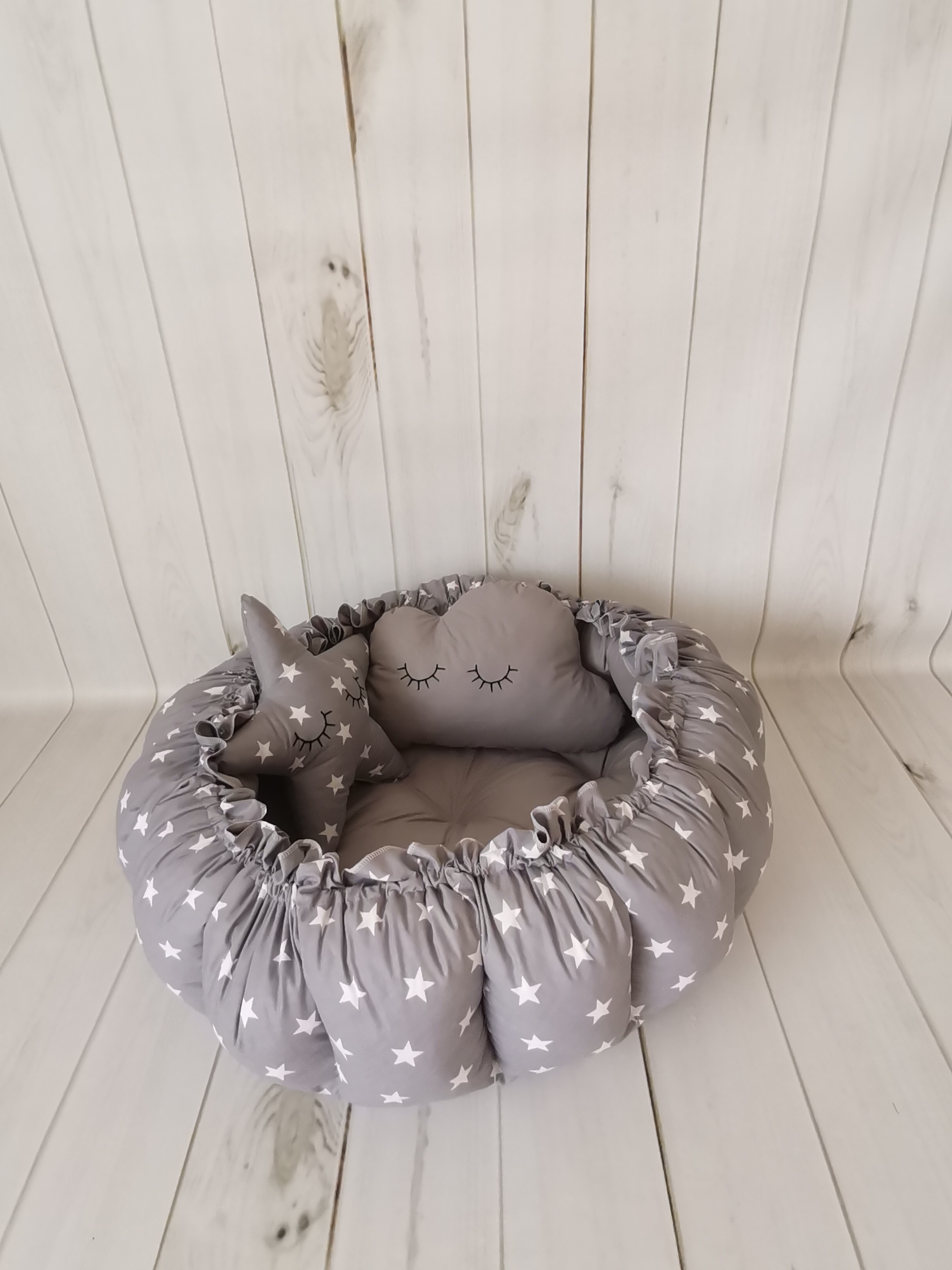 Yuvarlak babynest koyu gri yıldızlı poplin - koyu gri poplin