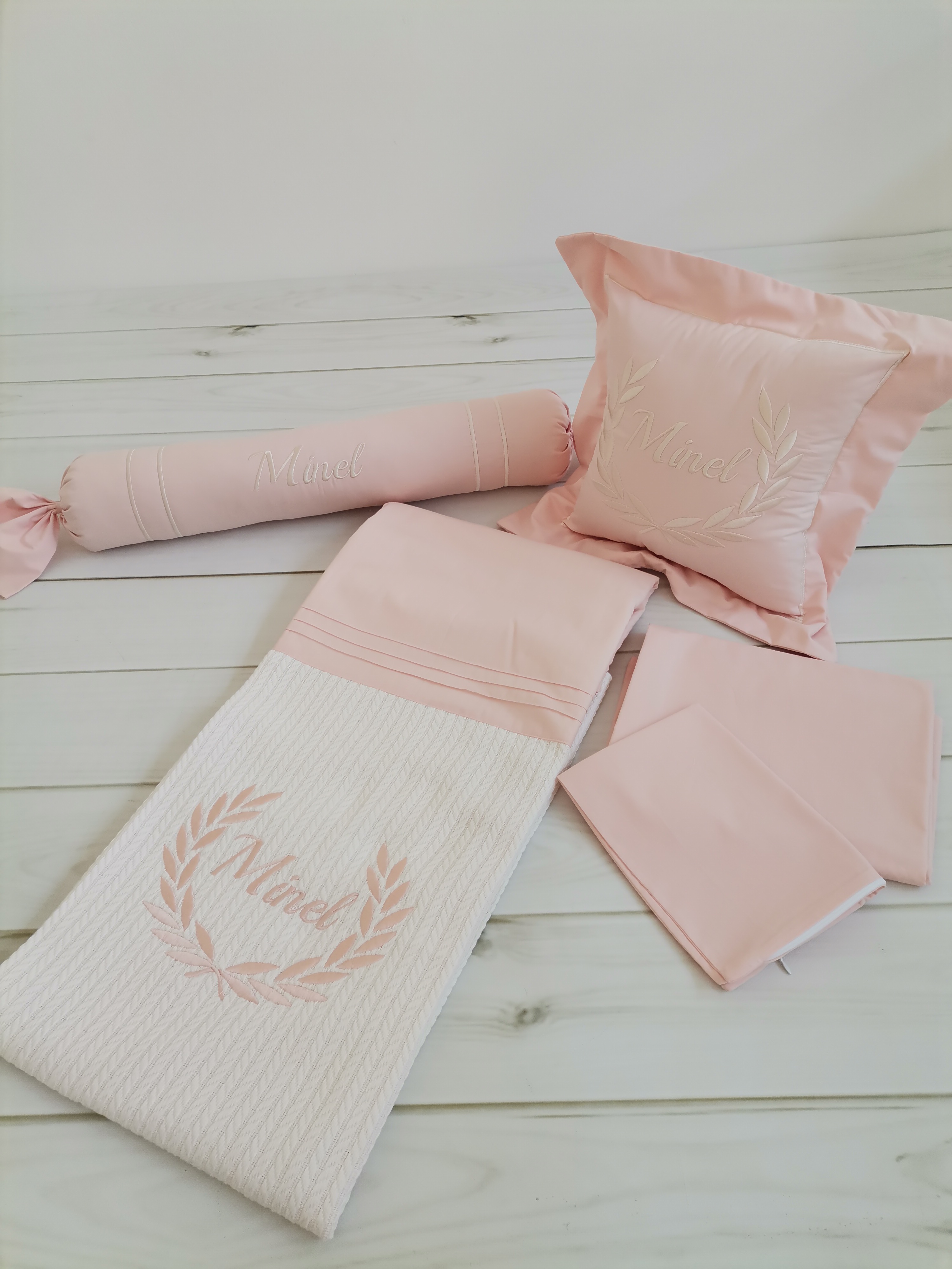 Pike takımı 5 parça krem örgü pike - somon poplin