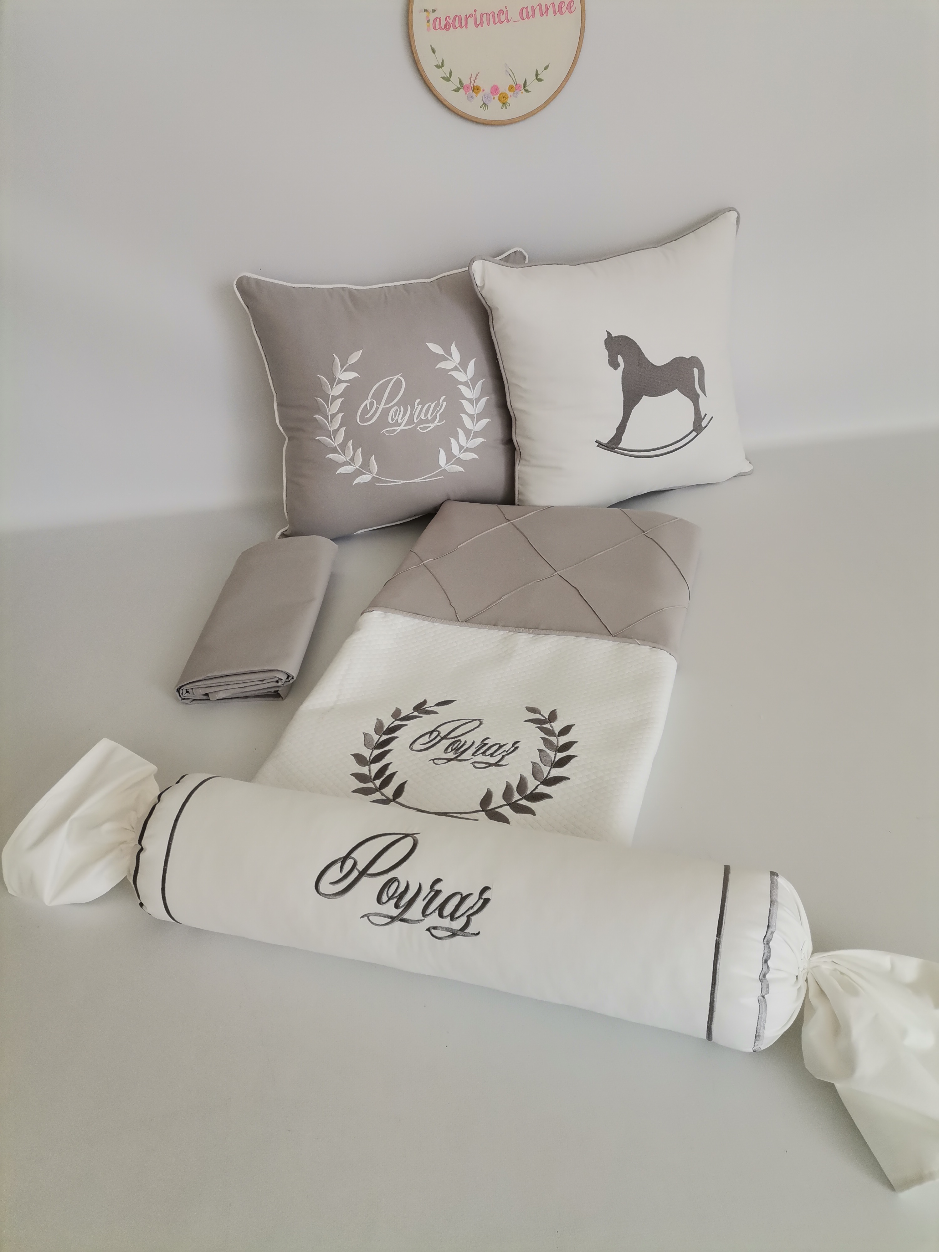 Pike takımı 6 parça baklava desenli pike - gri poplin