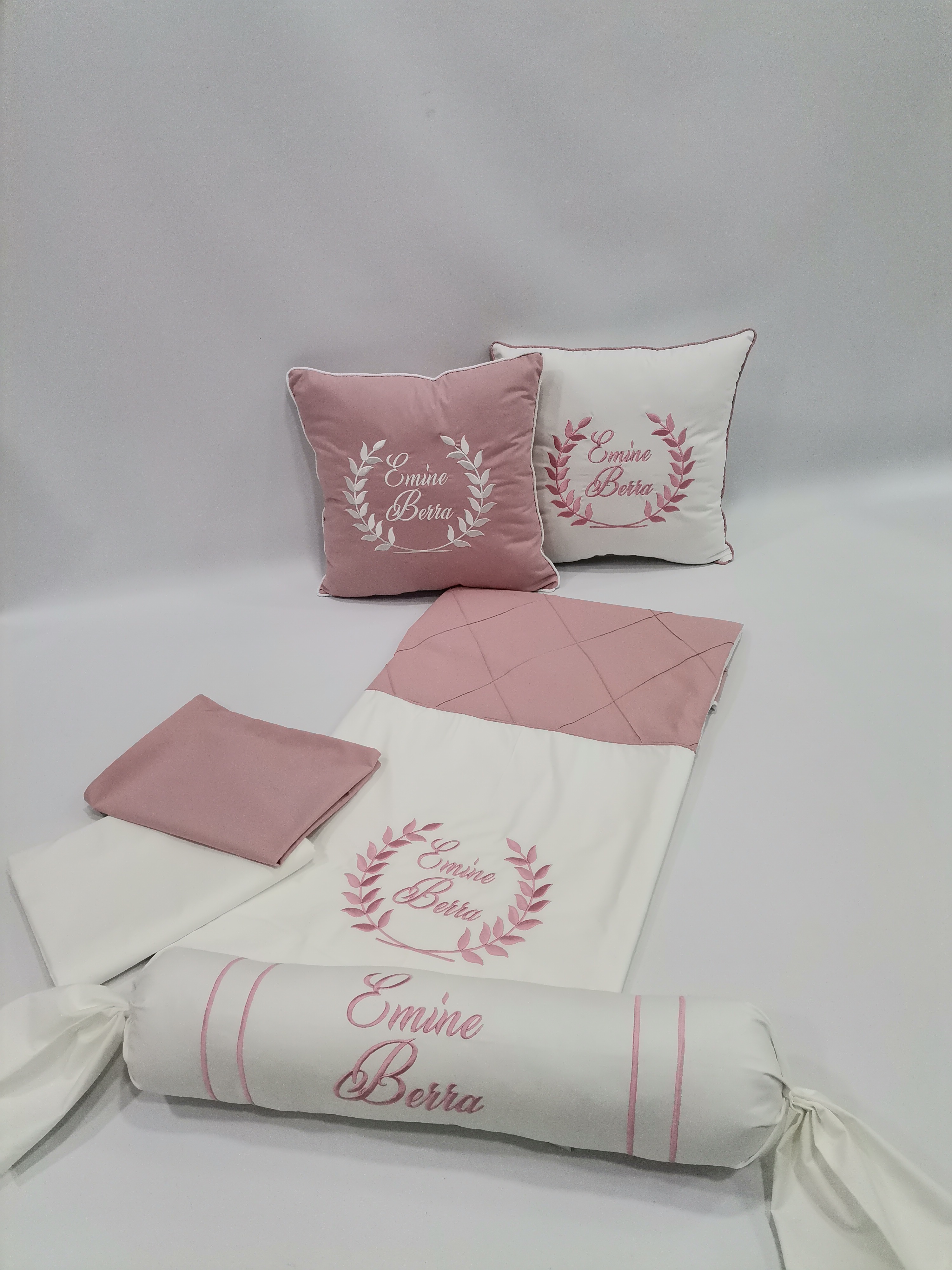 Pike takımı 6 parça baklava desenli pike - gül kurusu poplin