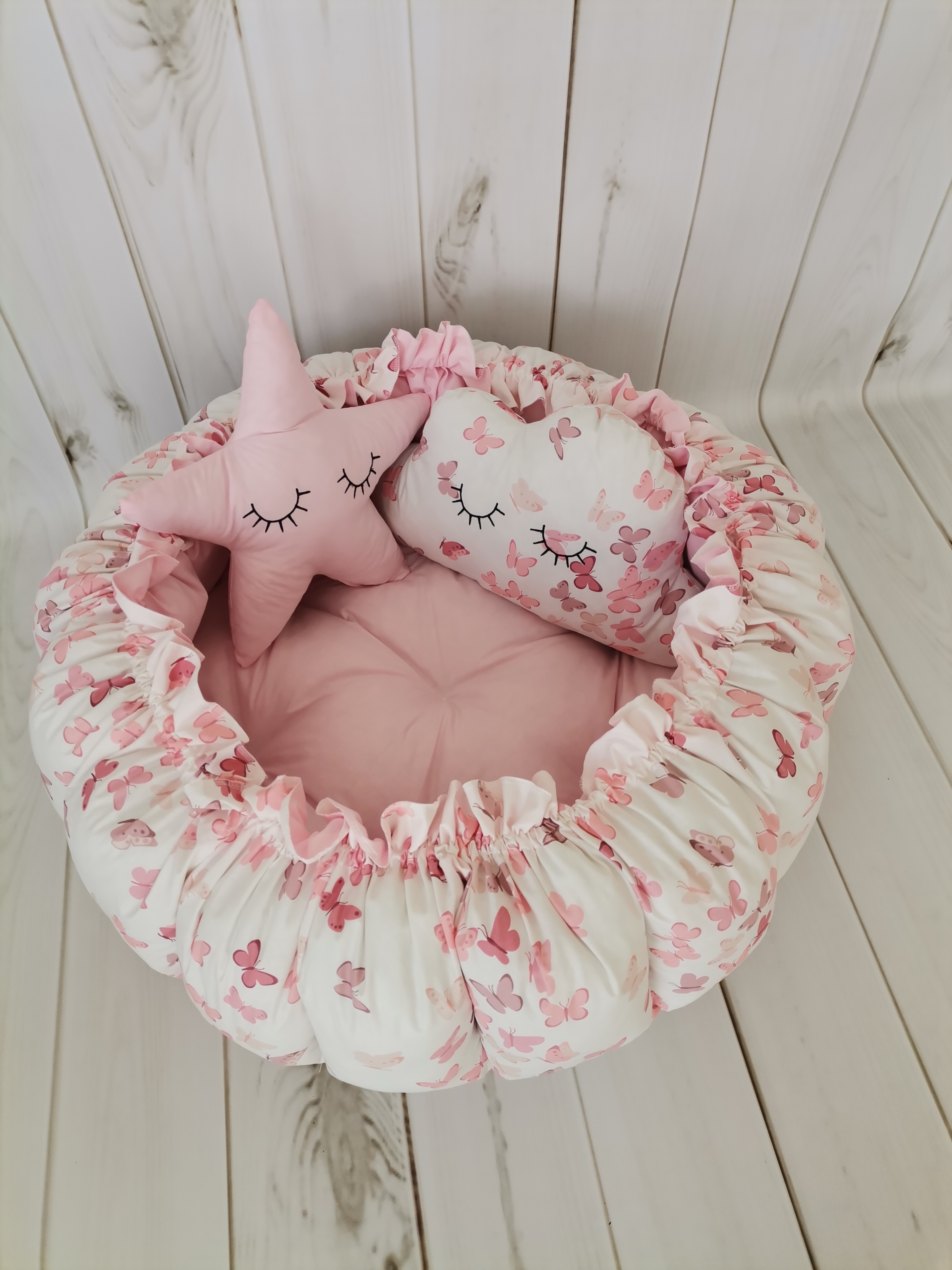 Yuvarlak babynest pudra pembe kelebekli - pembe poplin