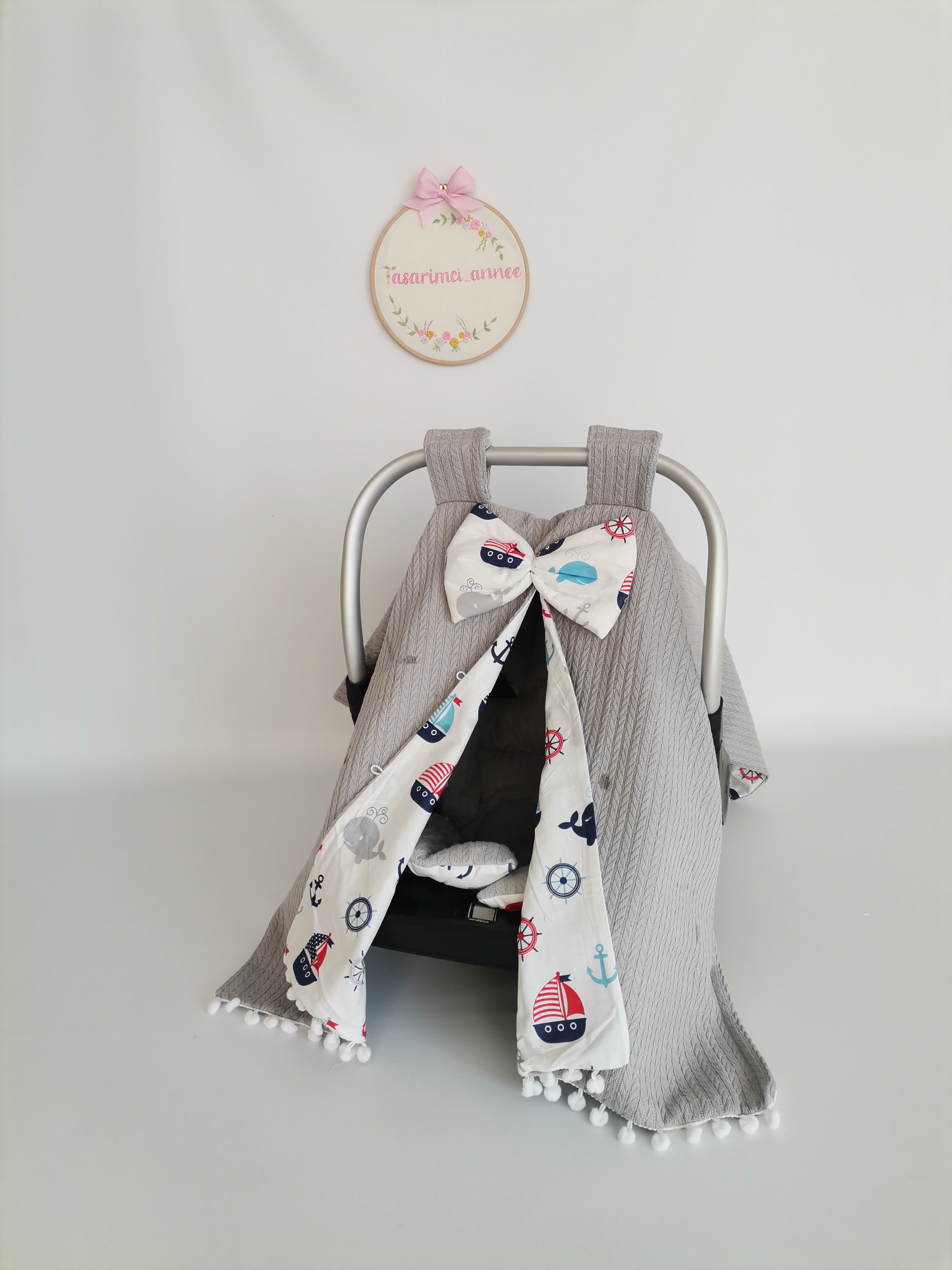 Puset örtüsü gri örgü pike - wella denizci balinalı poplin