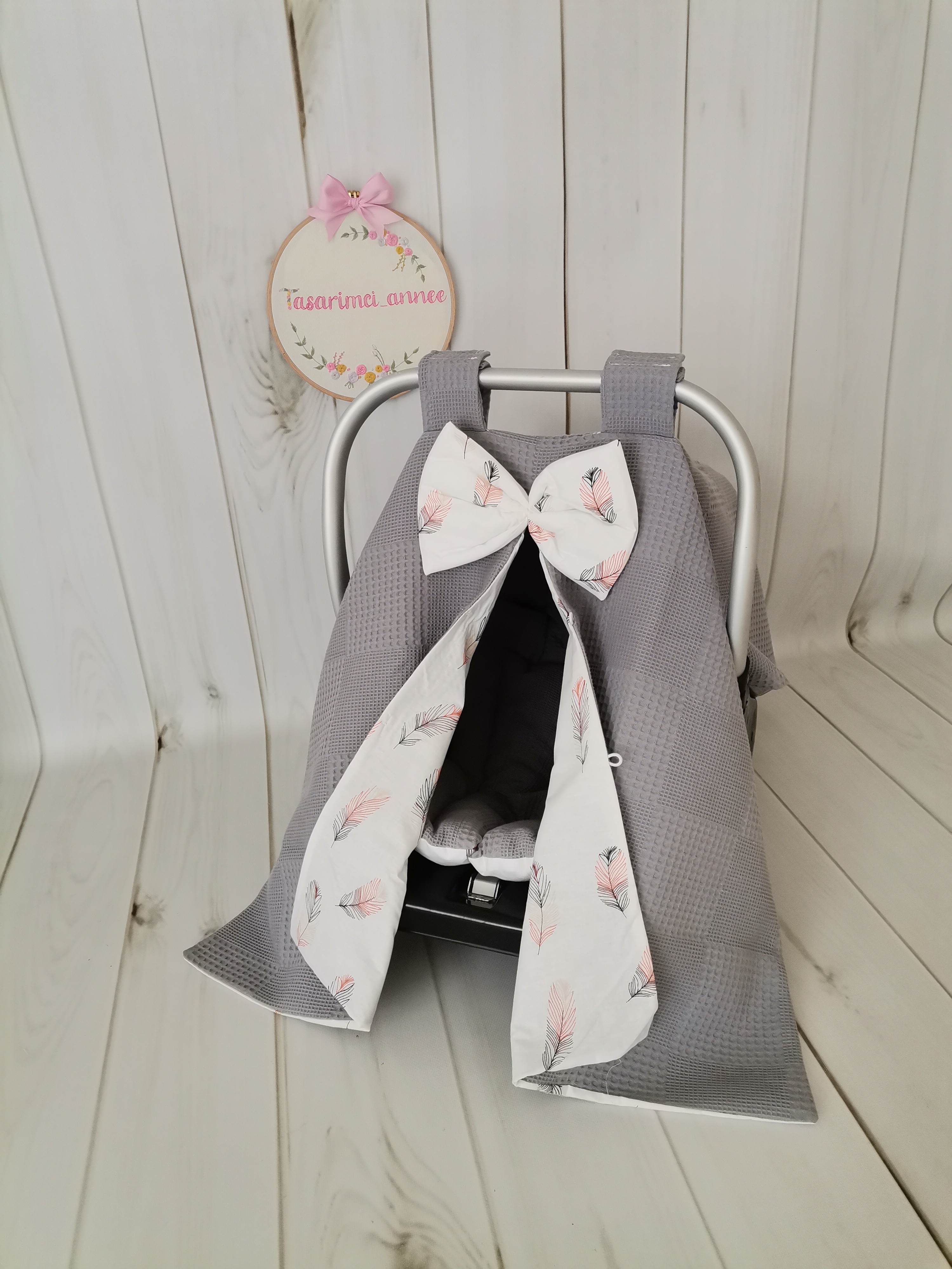 PUSET ÖRTÜSÜ KOYU GRİ KLASİK PİKE - PEMBE TÜYLÜ POPLIN