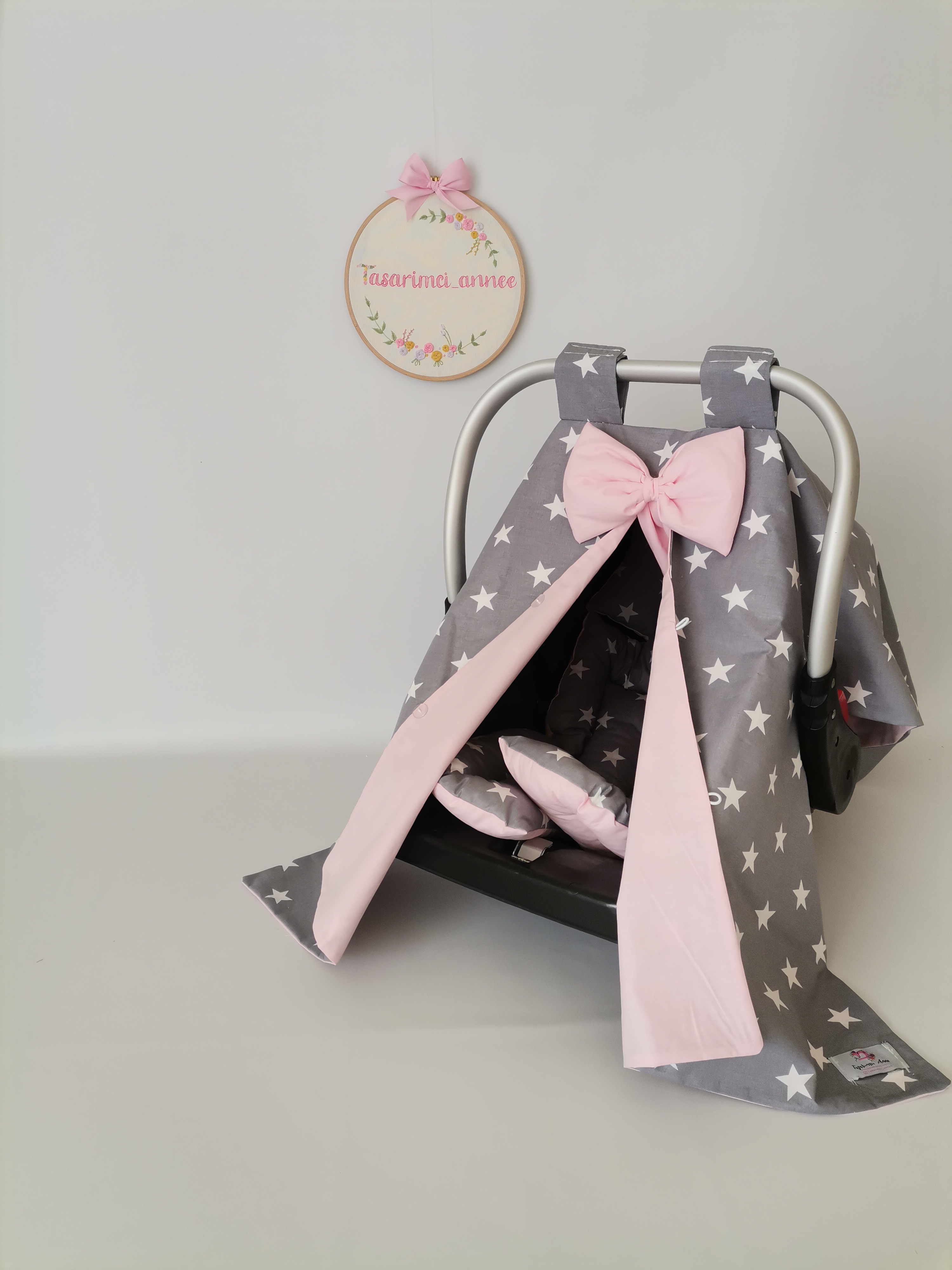 Puset örtüsü koyu gri yıldızlı poplin - pembe poplin