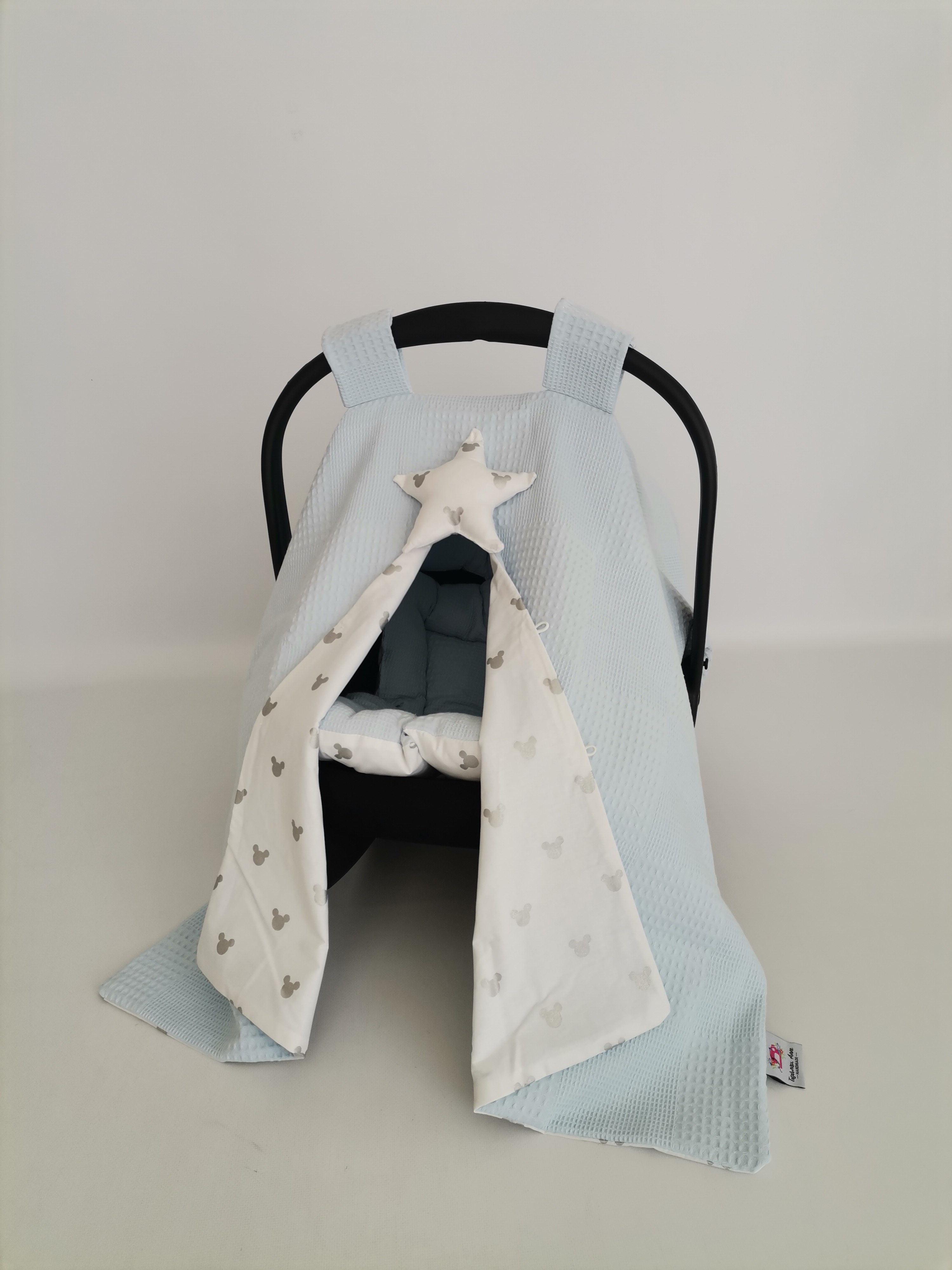 Puset örtüsü mavi waffle pike - gümüş mickeyli poplin